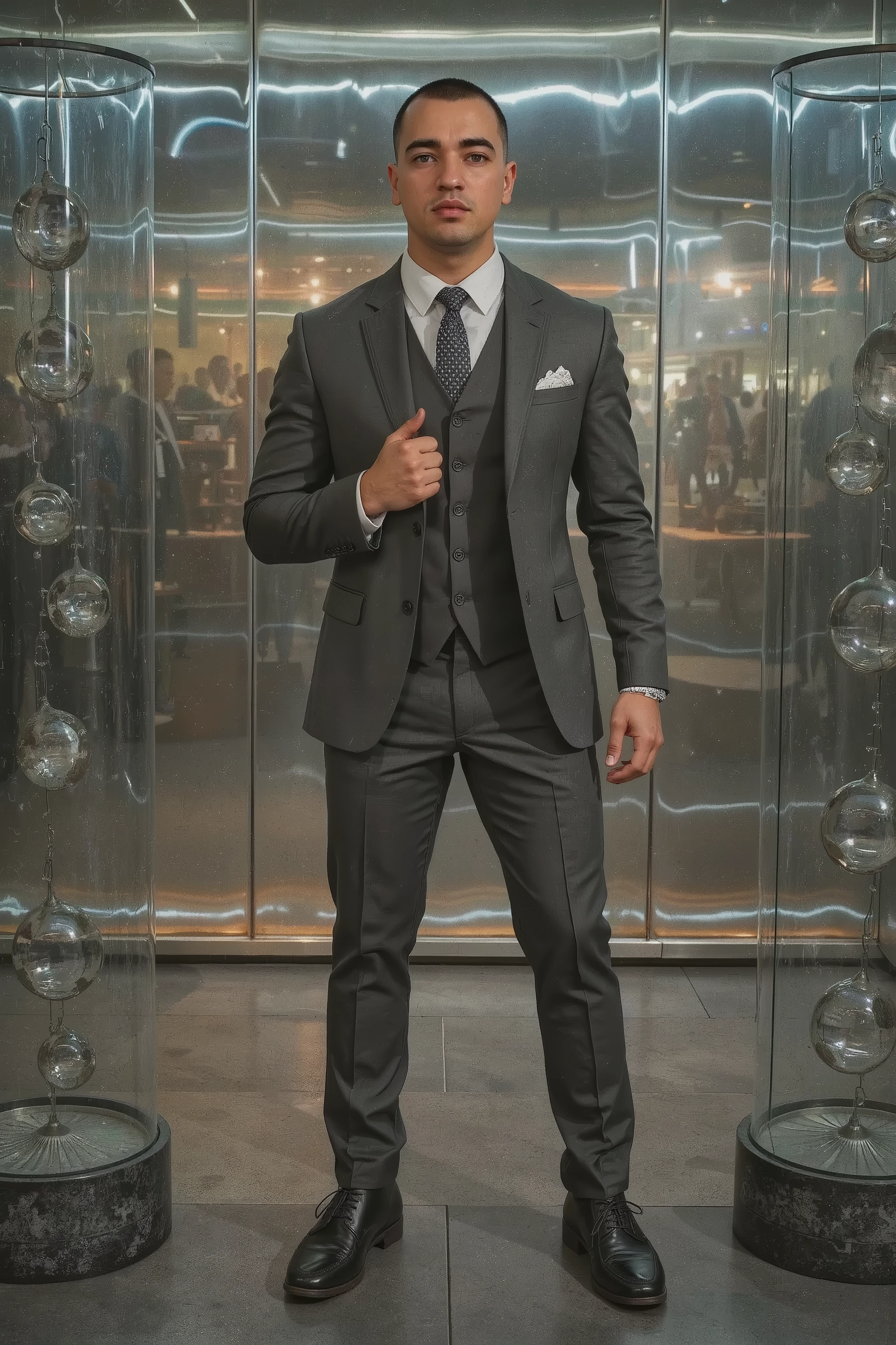 a young and strong man , with a confident expression , posing as a model in a modern tailoring suit in the color black, standing out in the Vogue cover style . Stylized background with modern and futuristic elements , in shiny and metallic tones , realistic lighting highlighting the textures of the fabric and the definition of the model's face. vertical composition , ideal to look like a high fashion magazine cover .