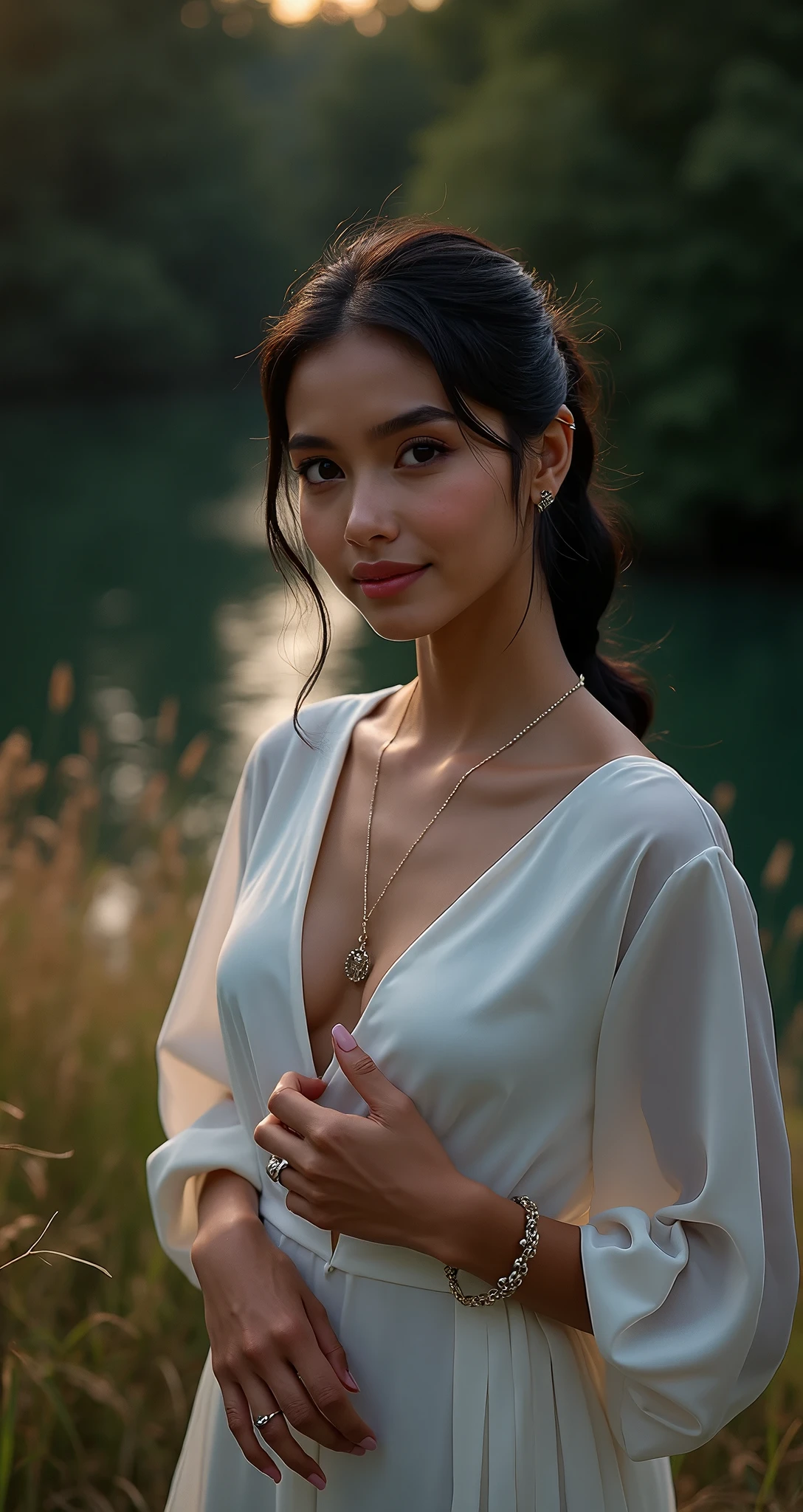 a gorgeous girl in a silk hijab in a misty mountains and in a clean crystal water, cherry blossom, flowing silk dress, the breeze blow her hijab hair and dress, breasts, necklace, bracelet, ring, detailed detail, real skin texture, realistic image, ultra sharp, 