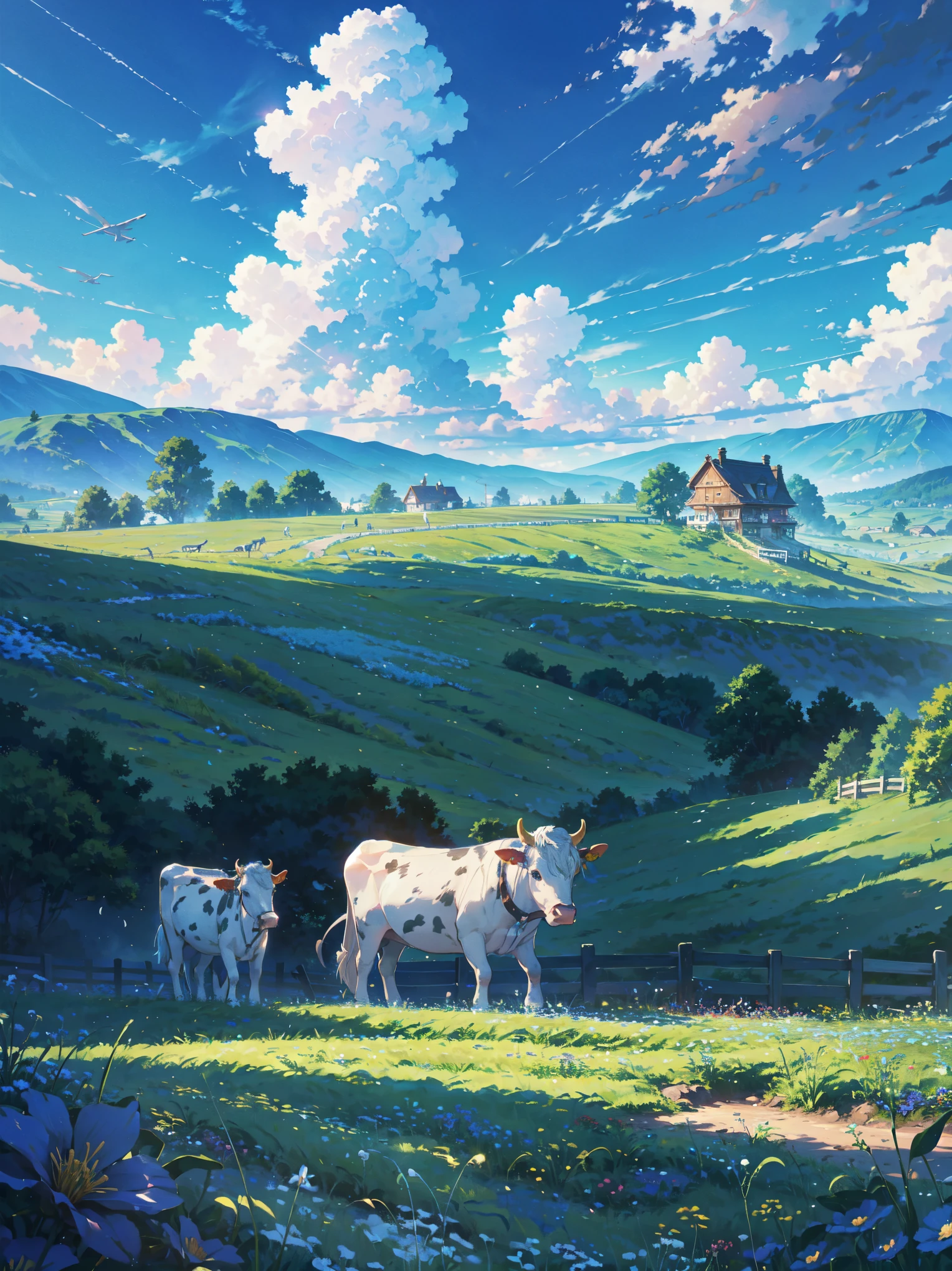 Dancing in the blue sky(Leviathan:1.1),vision,Calm day,  Detailed Clouds , Field, Grazing Cows , flower,  Far Away Homes ,  fence, wood, good