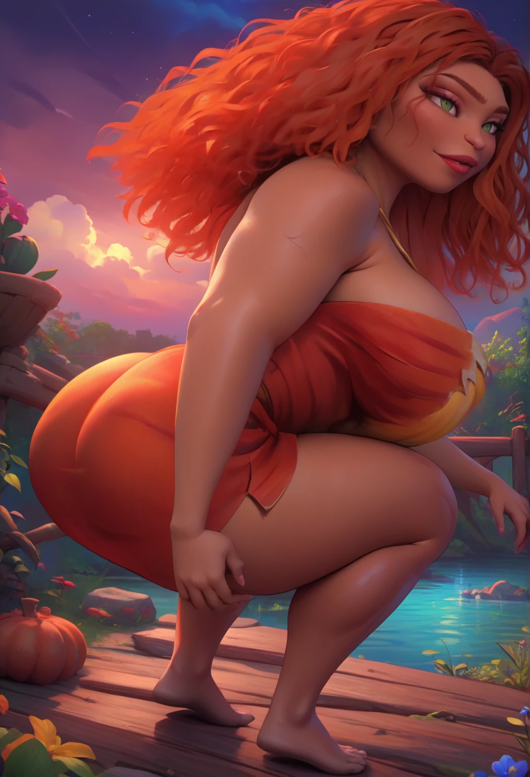 masterpiece, highly-detailed, hyper realistic, full-body shot of a beautiful nude mature short dwarf female taking a bath in the middle of a mine cave, perfect face features, thick kissable parted lips, expressive green eyes with seductive look, braided ginger hair, , perfect (short:1.5) (curvy:1.3) and (thick:1.2) (small size:1.4) naked body (large saggy breasts:1.6), chibi, thicc