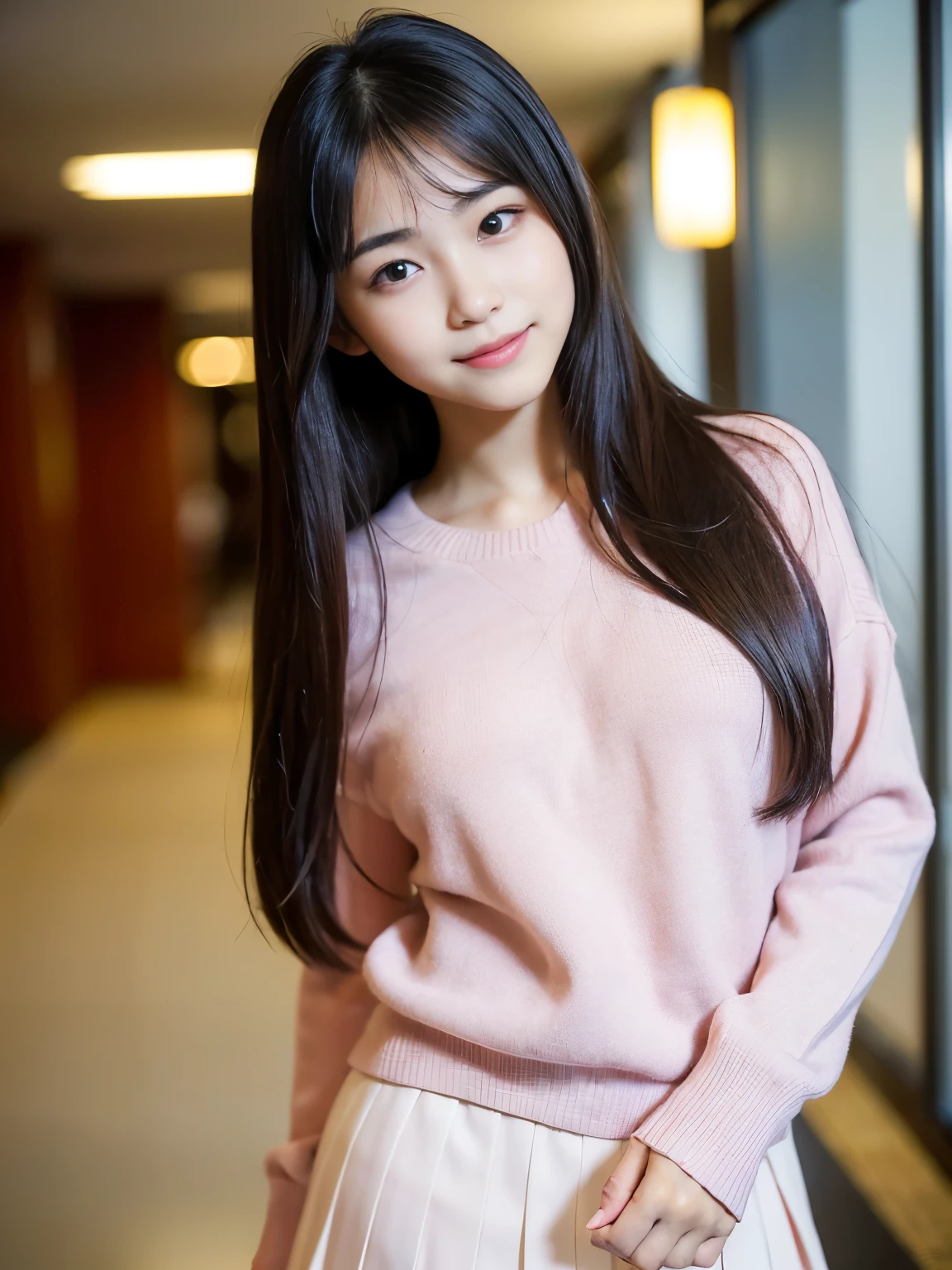 1girl in, Cute, 年轻, skinny, a smile、(3N1DS1NCL41R:0.9), photos realistic, Extreme Detail, street pic, {Best Quality}, {{masutepiece}}, {hight resolution}