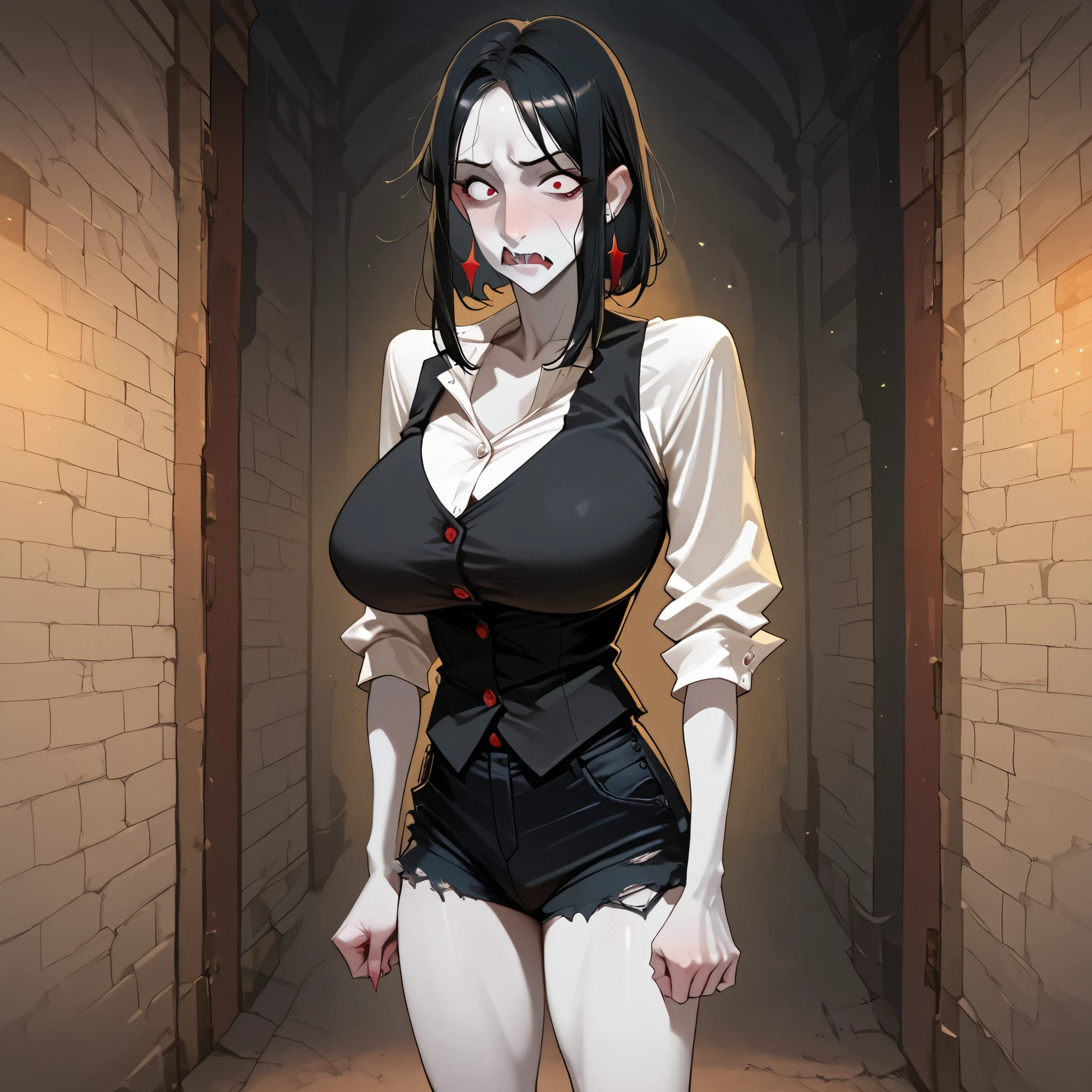 Max caufield, girl, industrial castle background, stringy black hair, pale skin, sickly, wearing a high colar white buttoned blouse and small black vest, wearing black short shorts, ugly woman,score_9, score_8_up, score_7_up, score_6_up, score_5_up, score_4_up, rating_explicit, source_western, Jabstyle (), (ugly vampire girl), (offended emotions),g4n1m3 , (aquiline nose) (tiny hips)