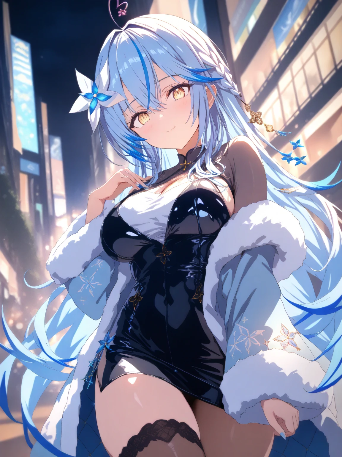 ((beste Quality、8K、Masterpiece))Anime characters with long gray hair and blue eyes、anime visual of a young woman、Today's featured anime stills、white haired deity、Official art、Anime visuals of cute girls、popular isekai anime、Tsuaii、Marisa Drizzle、Animated Movies、Still from TV anime、Different world、hestia、albedo from the anime overlord　transparency　１６Age　No ears　Short pants　a sea　Luxury blue swimsuit　Blue eyes　Blue ribbon　smile on face