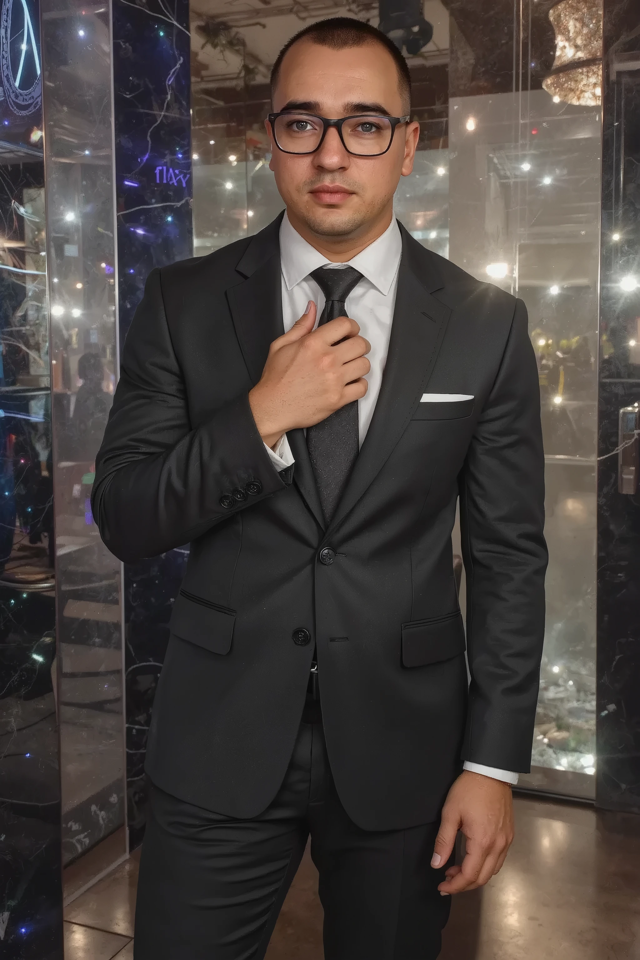  a young and strong man ,  with a confident expression , posing as a model in a modern tailoring suit in the color black, standing out in the Vogue cover style .  Stylized background with modern and futuristic elements ,  in shiny and metallic tones ,  realistic lighting highlighting the textures of the fabric and the definition of the model's face.  vertical composition ,  ideal to look like a high fashion magazine cover .