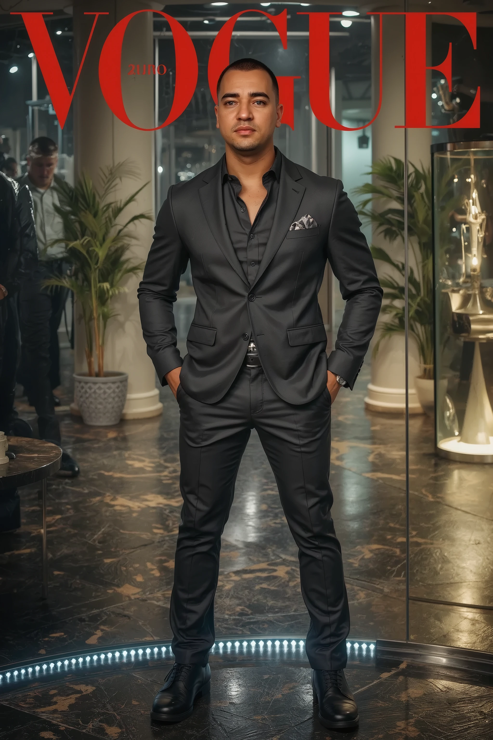 a young and strong man , with a confident expression , posing as a model in a modern tailoring suit in the color black, standing out in the Vogue cover style . Stylized background with modern and futuristic elements , in shiny and metallic tones , realistic lighting highlighting the textures of the fabric and the definition of the model's face. vertical composition , ideal to look like a high fashion magazine cover .