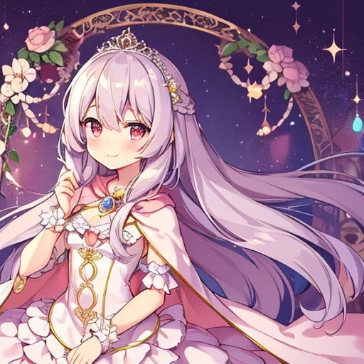 (kawaii),(best quality),(ultra detailed),(rococo style),(long train pastel pink cape:1.15), very long cape,(long train white ball gown with flower decorations:1.1), a girl is wearing a cape over her gown, 1 little princess, tiara, smile, very long hair, small breasts, beautiful detailed eyes, beautiful detailed lips, looking at viewer