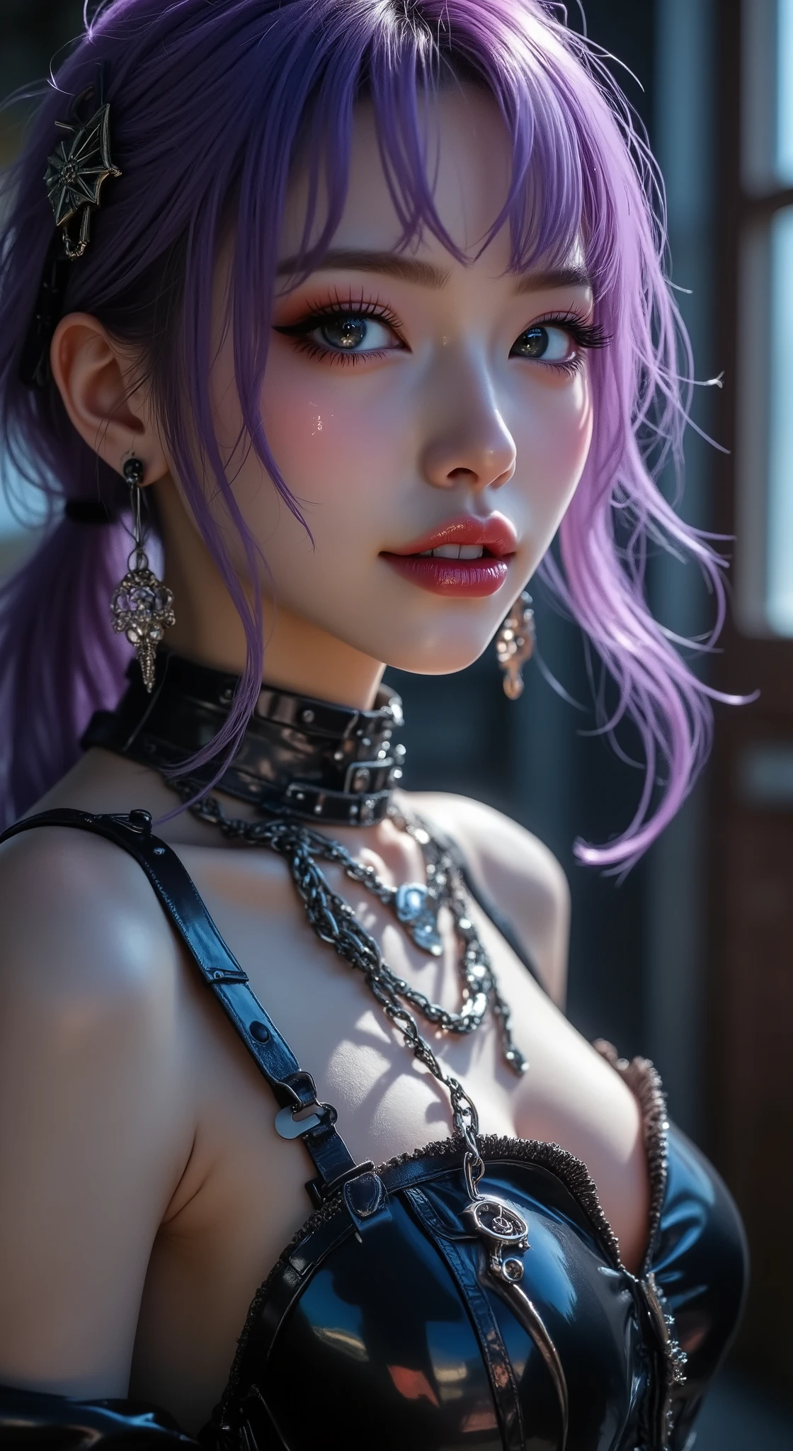 Realistic ((Photorealistic realism)),((high resolution)),((ultra insanel quality, professional extremely detailed digital art)), ((focus on extremely Realistic Proportion Body:1.3)), ((portrait)),((a cute and very beautiful, 1 Japanese, 30yo, famous Kpop idol:1.35)), (ultra realistic texture details: velvety skin, hair),((extremely beautiful face)), (intricate detail face), ((Hyper details realistic black_eyes:1.35)), ((finely details pupils:1.3)), ((detailed symmetrical lips:1.3)), (pink_lipstick:1.3), ((long eyelashes:1.4)), ((perfect dark_eyeshadows:1.4)), (Detailed nose:1.2), (perfect composition), ((pale skin)),((focus on the face, open mouth, joyful expression)),perfect female body,(Beautiful long legs in good style:1.3),((no bra, no panties:1.3)), (medium butt),(skinny body build),(perfect hot model body:1.4),((slim belly: 1.2)),(muscular body),((long purple stylish hair:1.3), extremely detailed:1.23), dressed in a slave outfit (made of latex:1.3), (dressed in cropped top (latec with chains:1.3)),long pants (tight black latex:1.4)., Depth of field, cinematic light, Lens flare, dslr, best high quality soft lighting, sharp focus captured by Fujifilm XT3, f 5.6, in a dramatic lighting,(show high exposed thighs:1.3),((full body shot:1.3))