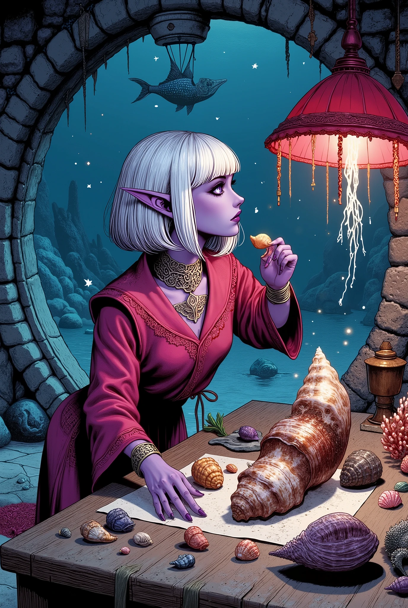 (Ultra-detailed face, Looking away, Gothic Illustration, Dark tone colors. She has five fingers on her hands and five toes on her feet. Composition looking up from the seafloor.), BREAK
(There is a laboratory in a large spherical bubble on the deep ocean floor where no light reaches. Inside the lab, a female dark elf researcher arranges a number of shell specimens on a coral table, holds them up to a red-glowing jellyfish lamp, and observes a large scroll shell with a magnifying glass. The marine snow glistens.), BREAK
(The young female dark elf researcher has white hair, white eyebrows, blunt bangs, shoulder-length long messy hair, small pink lips, lavender eyes, dark purple skin, and thick eyeliner.), BREAK
(She wears a choker with a braided white cord. She wears a dark pink lab coat-like swimsuit with scarlet lace ruffles and embroidered fish patterns in indigo threads, and anklets with coral charms on her bare feet.)
