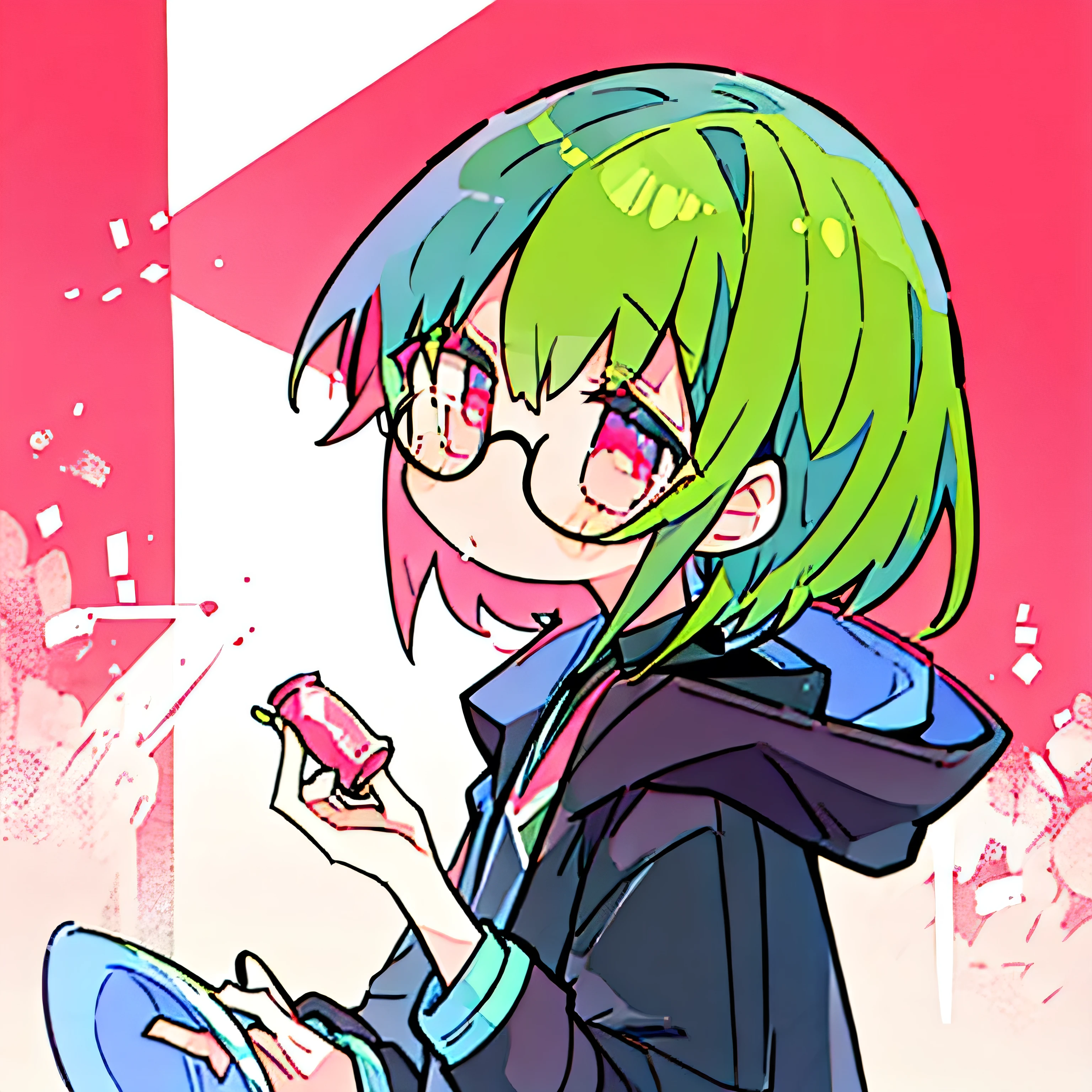 just one anime girl short green hair and pink eyes no background holding two pills in each hands using shade glasses and a black coat