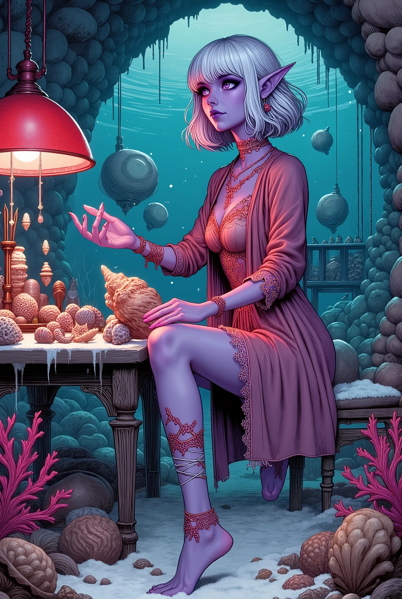 (Ultra-detailed face, Looking away, Gothic Illustration, Dark tone colors. She has five fingers on her hands and five toes on her feet. Composition looking up from the seafloor.), BREAK
(There is a laboratory made of large spherical bubbles on the deep ocean floor where no light reaches. Inside the lab, a female dark elf researcher arranges a number of shell specimens on a coral table, holds them up to a red-glowing jellyfish lamp, and observes a large scroll shell with a magnifying glass. The marine snow glistens.), BREAK
(The young female dark elf researcher has white hair, white eyebrows, blunt bangs, shoulder-length long messy hair, small pink lips, lavender eyes, dark purple skin, and thick eyeliner.), BREAK
(She wears a choker with a braided white cord. She wears a dark pink lab coat-like swimsuit with scarlet lace ruffles and embroidered fish patterns in indigo threads, and anklets with coral charms on her bare feet.)