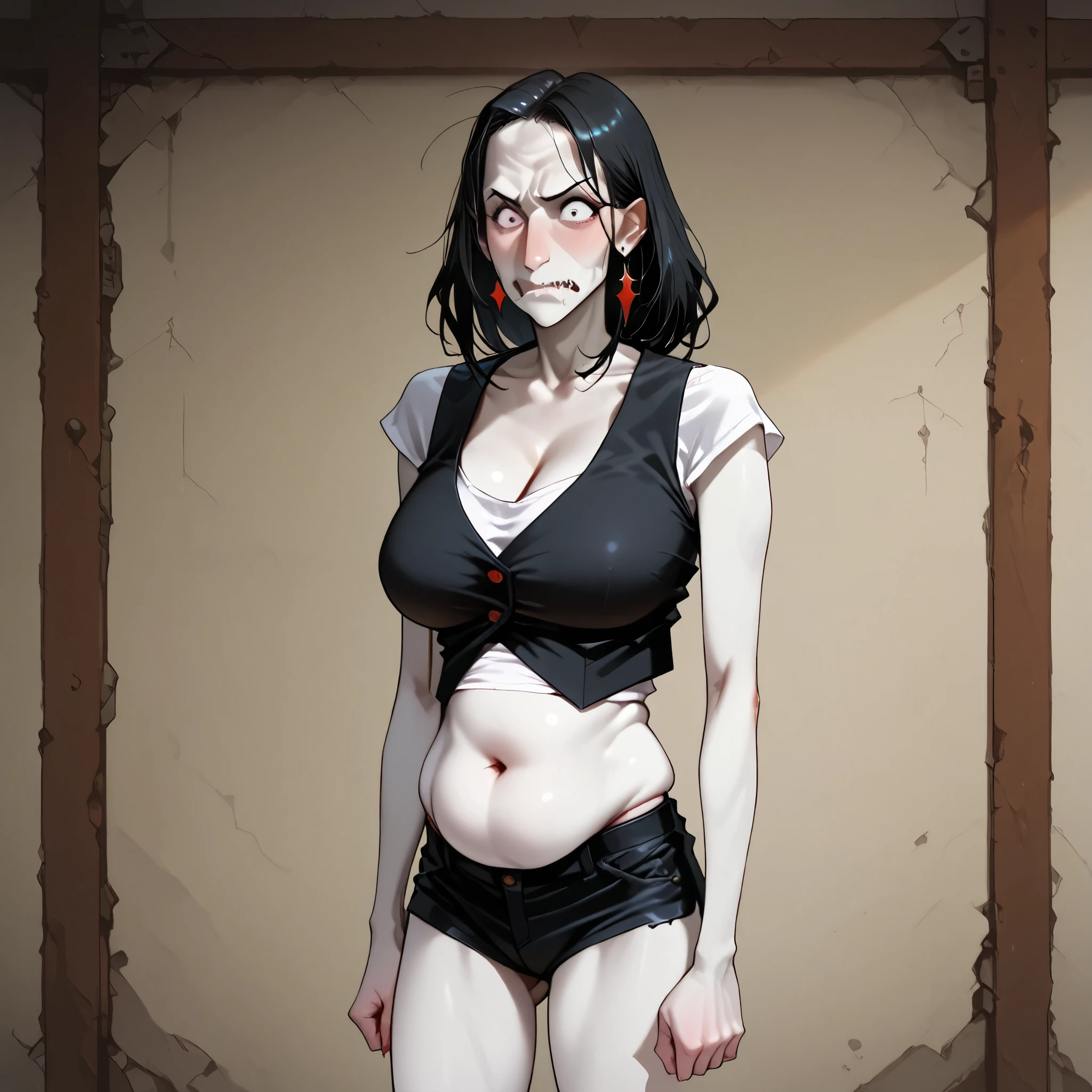 Max caufield,   (1girl), (solo) industrial castle background, stringy black hair, pale skin, sickly, wearing a high colar white buttoned blouse and small black vest, wearing black short shorts,  ugly woman,score_9, score_8_up, score_7_up, score_6_up, score_5_up, score_4_up, rating_explicit, source_western, Jabstyle  (), (ugly vampire girl), (offended emotions),g4n1m3 , (belly outline)  (aquiline  nose)  (tiny )