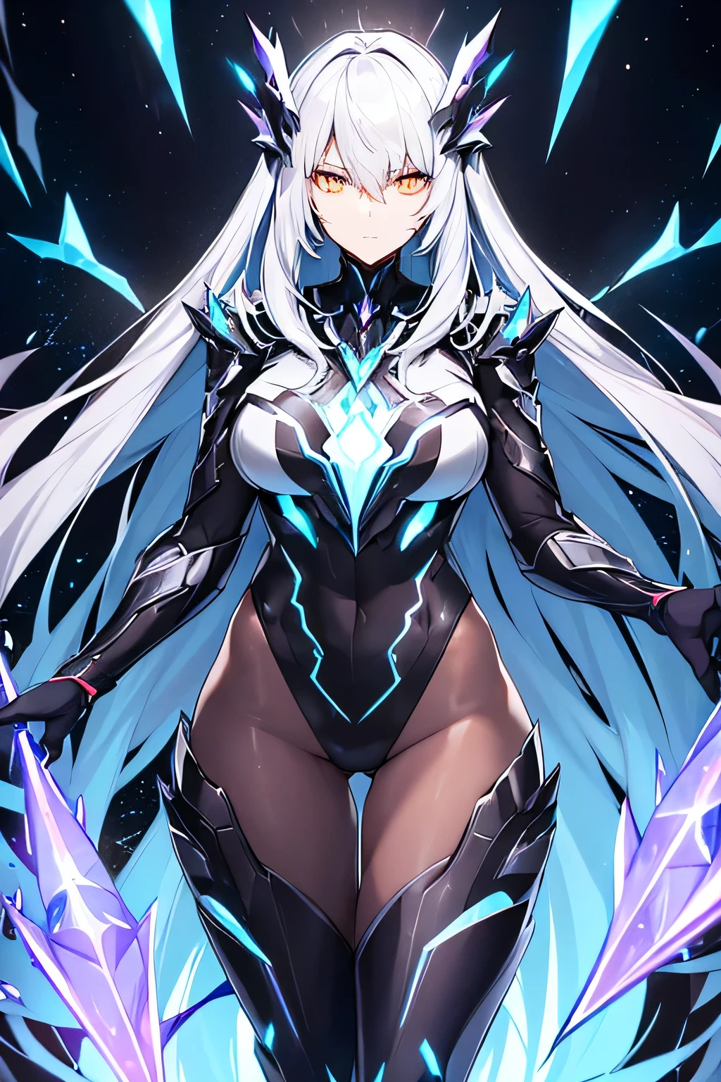 top-quality、Top image quality、​masterpiece、girl with((Black Suit、glowing mechanic suit、18year old、r、cute little、Best Bust、big bast,Beautiful shining purple eyes、Breasts wide open, white  hair、Longhaire、A slender,Large valleys、belligerent movements,sharp claws、Crystal Sword、Crystal visor on the right eye、Bright wings、fighting poses、charge forward、fly、Feeling of sprinting)),hiquality、Beautiful Art、Background with((Space Battlefield)))、,masutepiece、depth of fields,Cinematic style