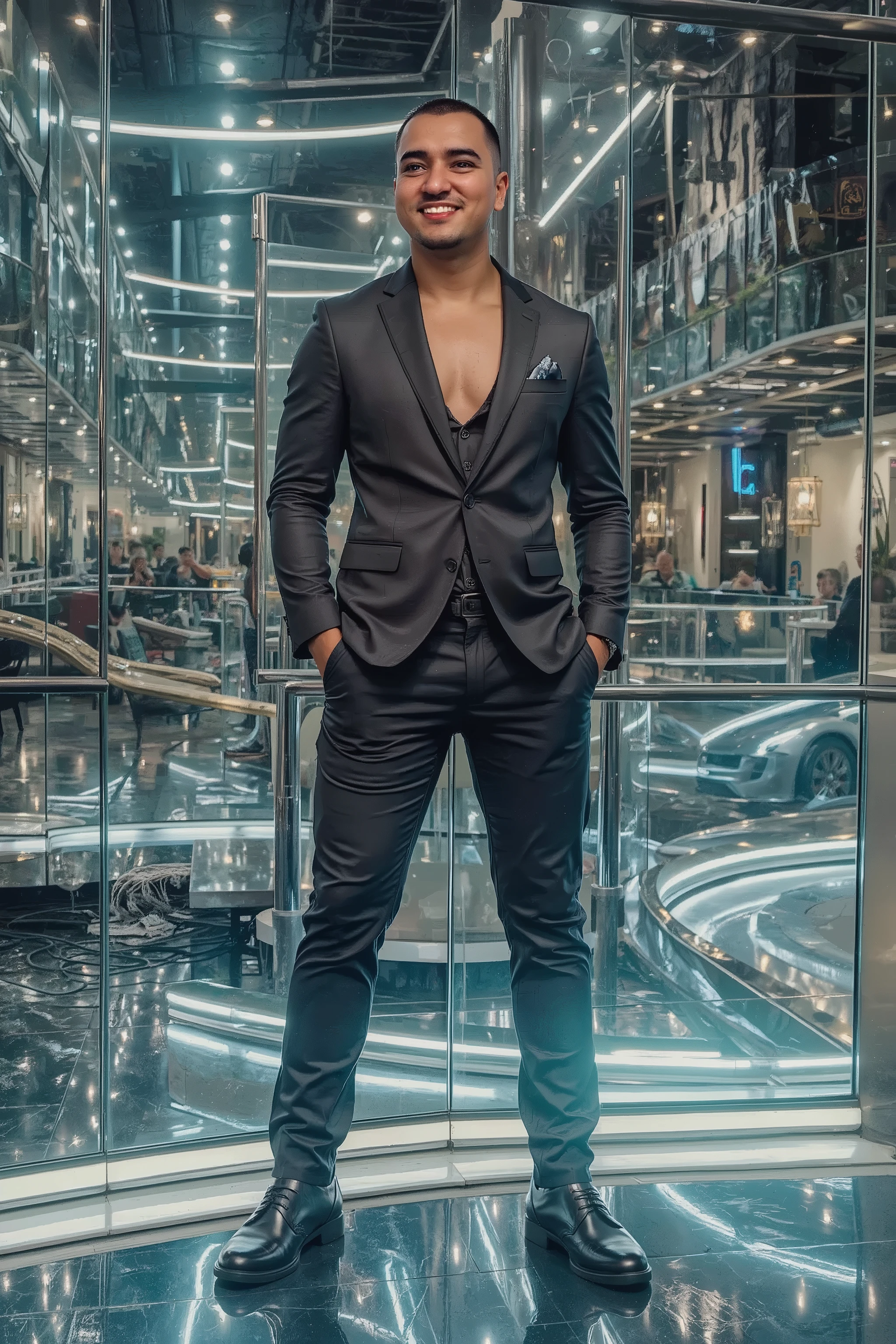 a young and strong man , with a confident expression , posing as a model in a modern tailoring suit in the color black, standing out in the Vogue cover style . Stylized background with modern and futuristic elements , in shiny and metallic tones , realistic lighting highlighting the textures of the fabric and the definition of the model's face. vertical composition , ideal to look like a high fashion magazine cover .