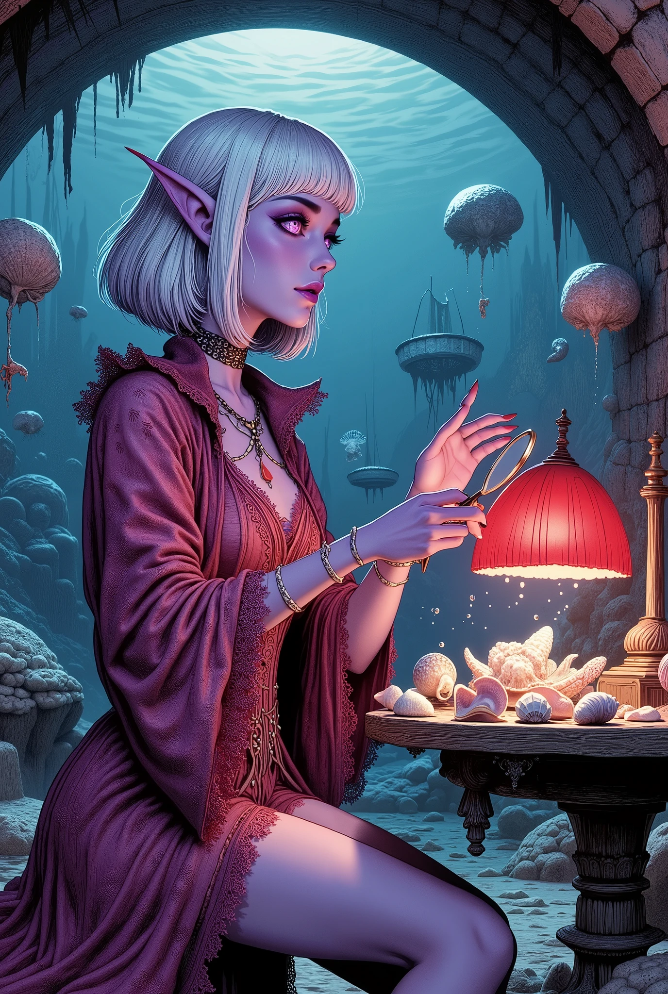 (Ultra-detailed face, Looking away, Gothic Illustration, Dark tone colors. She has five fingers on her hands and five toes on her feet. Composition looking up from the seafloor.), BREAK
(There is a laboratory in a large spherical bubble on the deep ocean floor where no light reaches. Inside the lab, a female dark elf researcher arranges a number of shell specimens on a coral table, holds them up to a red-glowing jellyfish lamp, and observes a large scroll shell with a magnifying glass. The marine snow glistens.), BREAK
(The young female dark elf researcher has white hair, white eyebrows, blunt bangs, shoulder-length long messy hair, small pink lips, lavender eyes, dark purple skin, and thick eyeliner.), BREAK
(She wears a choker with a braided white cord. She wears a dark pink lab coat-like swimsuit with scarlet lace ruffles and embroidered fish patterns in indigo threads, and anklets with coral charms on her bare feet.)