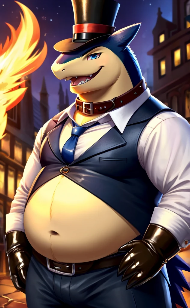 Solo, Male, fat, squatting, extremely obese, gentleman, dapper Typhlosion, pooping in diaper, blue eyes, (soft shading), 4k, hi res, ((detailed face, detailed)), looking at viewer, evil grin, police station, collared shirt with buttons, hat, male focus, Police Uniform, glasses, monocle, vest with buttons, sleeves rolled up, round eyewear, headwear, vest, Typhlosion is wearing a glossy leather dog collar around the neck, Typhlosion is wearing the leather collar and shirt and vest at the same time, Typhlosion is wearing glossy light-blue rubber gloves on the hands, wearing light-blue rubber gloves on the feet, gloves are rubber in texture, mouth wide open, evil laugh, clenching fists, leather collar is glossy and shiny with a lot of detail, Typhlosion is wearing gloves and leather collar at the same time, leather collar has a round dog-tag, leather collar is thick and detailed, light-blue rubber gloves on the feet, Typhlosion is wearing gloves and leather collar at the same time, leather collar has a round dog-tag, leather collar is thick and detailed, leather collar is glossy and shiny, fancy clothing, dapper vest, dapper shirt, leather collar is thick, glossy leather collar, Typhlosion is wearing a dirty diaper