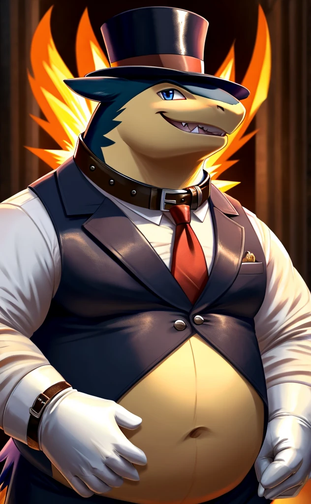 Solo, Male, fat, extremely obese, gentleman, dapper Professor Typhlosion, mob boss, blue eyes, (posing:1.3), (soft shading), 4k, hi res, ((detailed face, detailed)), looking at viewer, mouth wide open, dapper clothing, collared shirt with buttons, bowler hat, male focus, Explorer Outfit, glasses, monocle, vest with buttons, sleeves rolled up, round eyewear, brown headwear, brown vest, office, Typhlosion is wearing a glossy leather dog collar around the neck, Typhlosion is wearing the leather collar and shirt and vest at the same time, Typhlosion is wearing glossy white rubber gloves on the hands, wearing white rubber gloves on the feet, gloves are rubber in texture, clenching teeth, clenching fists, leather collar is glossy and shiny with a lot of detail, Typhlosion is wearing gloves and leather collar at the same time, leather collar has a round dog-tag, leather collar is thick and detailed, leather collar is glossy and shiny, fancy clothing, dapper vest, dapper shirt, leather collar is thick, glossy leather collar.