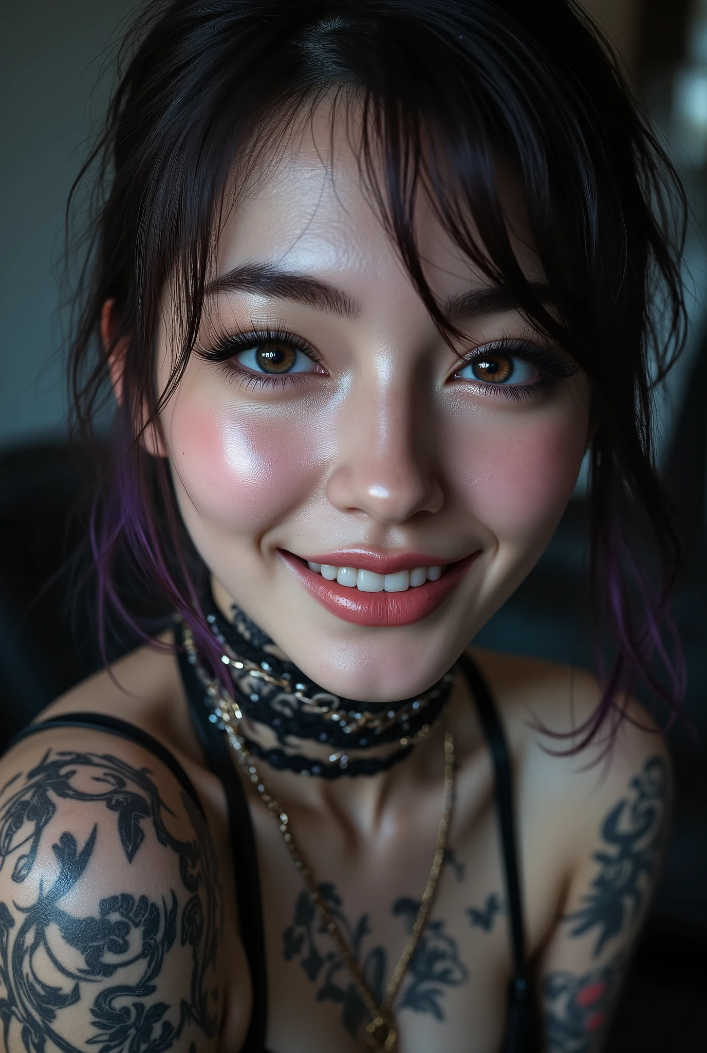 Realistic ((Photorealistic realism)),((high resolution)),((ultra insanel quality, professional extremely detailed digital art)), ((focus on extremely Realistic Proportion Body:1.3)), ((portrait)),((a cute and very beautiful, 1 Japanese, 30yo, famous Kpop idol:1.35)), (ultra realistic texture details: velvety skin, hair),((extremely beautiful face)), (intricate detail face), ((Hyper details realistic black_eyes:1.35)), ((finely details pupils:1.3)), ((detailed symmetrical lips:1.3)), (pink_lipstick:1.3), ((long eyelashes:1.4)), ((perfect dark_eyeshadows:1.4)), (Detailed nose:1.2), (perfect composition), ((pale skin)),((focus on the face, open mouth, joyful expression)),perfect female body,(Beautiful long legs in good style:1.3),((no bra, no panties:1.3)), (medium butt),(skinny body build),(perfect hot model body:1.4),((slim belly: 1.2)),(muscular body),((long purple stylish hair:1.3), extremely detailed:1.23), dressed in a slave outfit (made of latex:1.3), (dressed in cropped top (latec with chains:1.3)),long pants (tight black latex:1.4)., Depth of field, cinematic light, Lens flare, dslr, best high quality soft lighting, sharp focus captured by Fujifilm XT3, f 5.6, in a dramatic lighting,(show high exposed thighs:1.3),((full body shot:1.3))