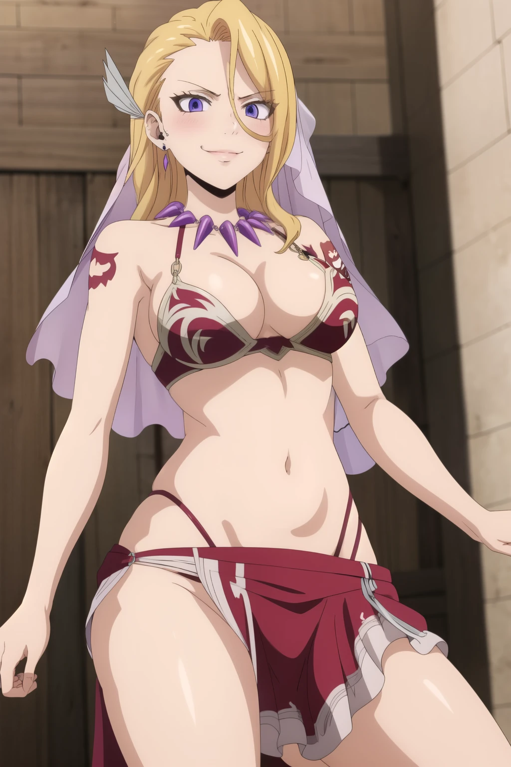 jewelry, blonde hair, blue eyes,short hair, 1 girl, 20yo,Young female,Beautiful Finger,Beautiful long legs,Beautiful body,Beautiful Nose,Beautiful character design, perfect eyes, perfect face,expressive eyes, looking at viewer, blush, lipstick, masterpiece, best quality, highly detailed ,glint,halterneck,gold_choker, complex detailed background,
inside, stone wall, ancient interior, ancient egyptian room, hieroglyphs, dark lighting, dark
atmosphere, (cowboy shot), holding a sword, sword, belly_chain,harem_outfit,navel, necklace,
pelvic_curtain,revealing_clothes, veil,masterpiece,best quality,1girl,mature,evil smile, smile,
female,mature,necklace,pendant, exposed belly, exposed navel, exposed
midriff, exposed lower belly,