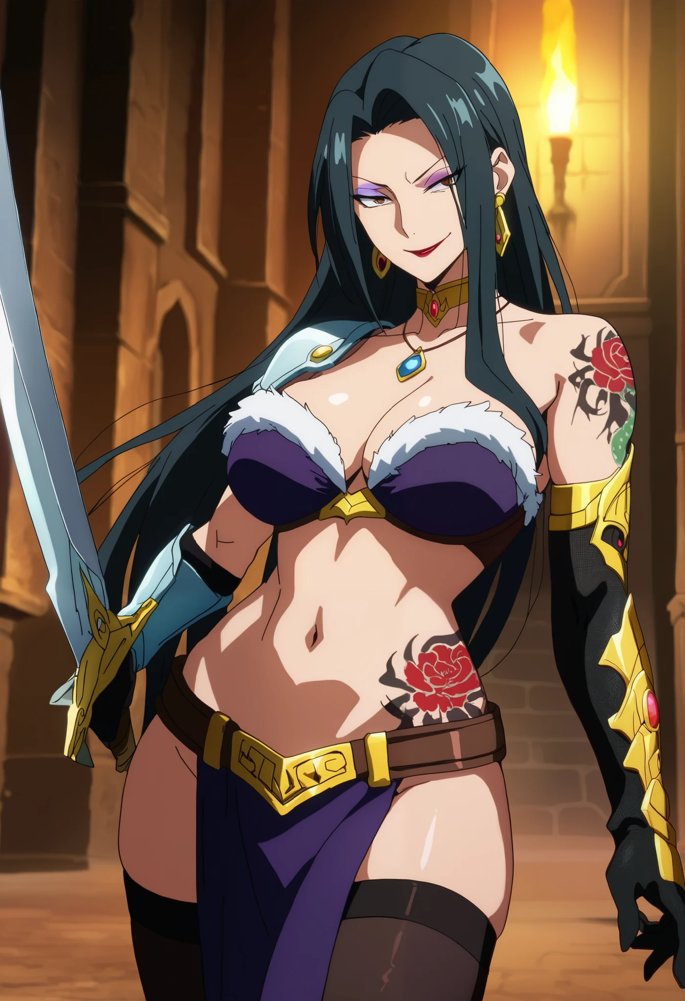 score_6_up, score_5_up, score_4_up, score_9, score_8_up, score_7_up, highly detailed, anime_source, anime_screencap, anime coloring, 1girl, solo, breasts, black hair, long hair, straight hair, brown eyes, jewelry, makeup, lipstick, eyeshadow, kurenai_kogetsu, , ear piercing, long hair, serious, lipstick,Hot girl, baddie, , sensual, attractive ,castle,inside castle, masterpiece, best quality, highly detailed ,gold_choker, complex detailed
background, inside, holding a sword, sword,harem_outfit,navel, necklace,
pelvic_curtain,revealing_clothes, veil,masterpiece,best quality,1girl,mature,evil smile, smile,
female,mature,necklace,pendant, (nsfw) not safe for work, exposed belly, exposed navel, exposed
midriff, exposed lower belly, fur trimmed corset, brown corset, armored bikini top,
left arm shoulder guard, black thighhighs, skindentation, black gloves, , dragon tattoo, narrowed eyes, tattoo midriff,