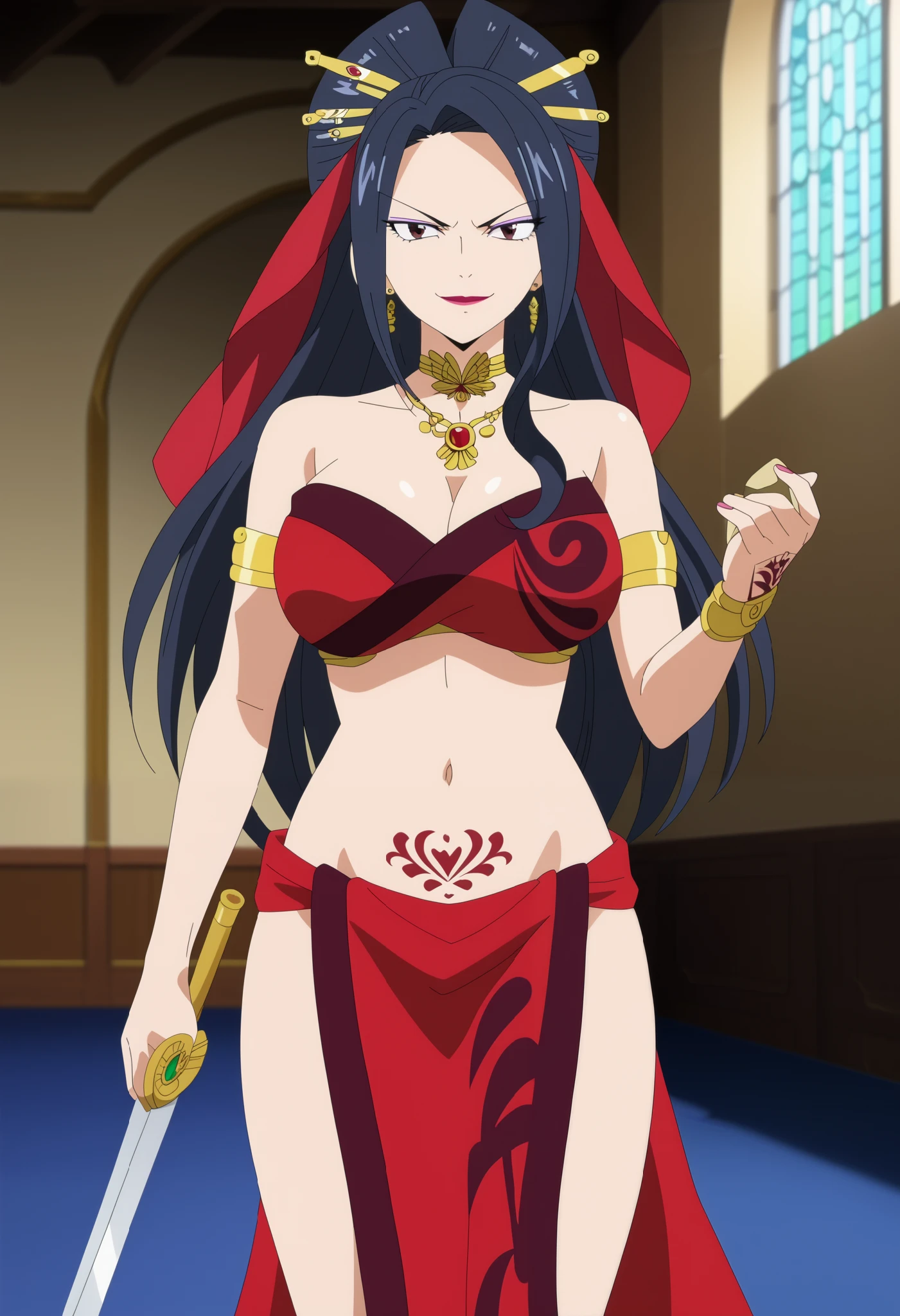 score_6_up, score_5_up, score_4_up, score_9, score_8_up, score_7_up, highly detailed, anime_source, anime_screencap, anime coloring, 1girl, solo, breasts, black hair, long hair, straight hair, brown eyes, jewelry, makeup, lipstick, eyeshadow, kurenai_kogetsu, , ear piercing, long hair, serious, lipstick,Hot girl, baddie, , sensual, attractive ,castle,inside castle, masterpiece, best quality, highly detailed ,gold_choker, complex detailed
background, inside, holding a sword, sword,harem_outfit,navel, necklace,
pelvic_curtain,revealing_clothes, veil,masterpiece,best quality,1girl,mature,evil smile, smile,
female,mature,necklace,pendant, (nsfw) not safe for work, exposed belly, exposed navel, exposed
midriff, exposed lower belly, , dragon tattoo, narrowed eyes, tattoo midriff,