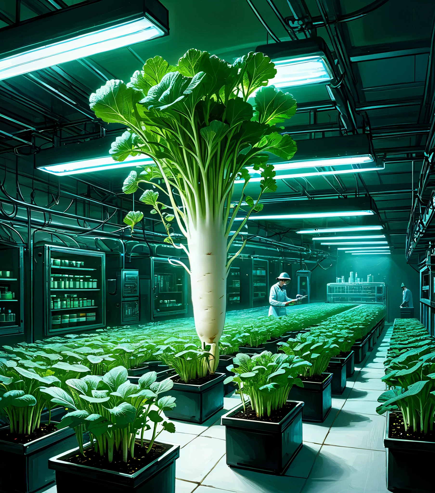 Illustration of the laboratory of the unknown, Daikon being hydroponically cultivated in a vast underground plant laboratory, Daikon growing in neatly arranged planters, dark fantasy, high contrast, sparkling, shining, elegant, (mysterious atmosphere), vivid contrast, precise details, high details, shining contours, precision, high quality oil painting, amazingly beautiful touch rendering,