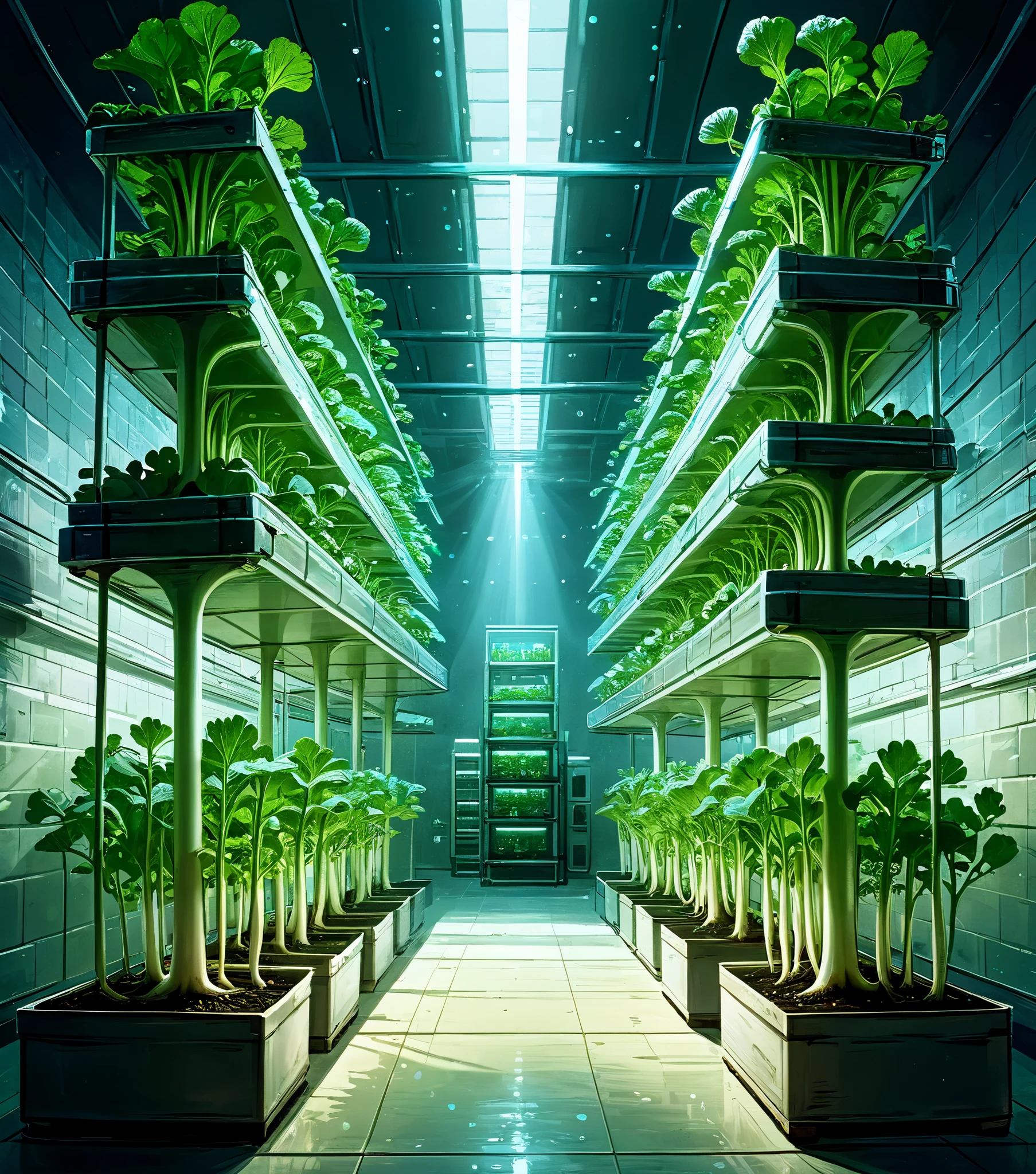 Illustration of the laboratory of the unknown, Daikon being hydroponically cultivated in a vast underground plant laboratory, Daikon growing in neatly arranged planters, dark fantasy, high contrast, sparkling, shining, elegant, (mysterious atmosphere), vivid contrast, precise details, high details, shining contours, precision, high quality oil painting, amazingly beautiful touch rendering,