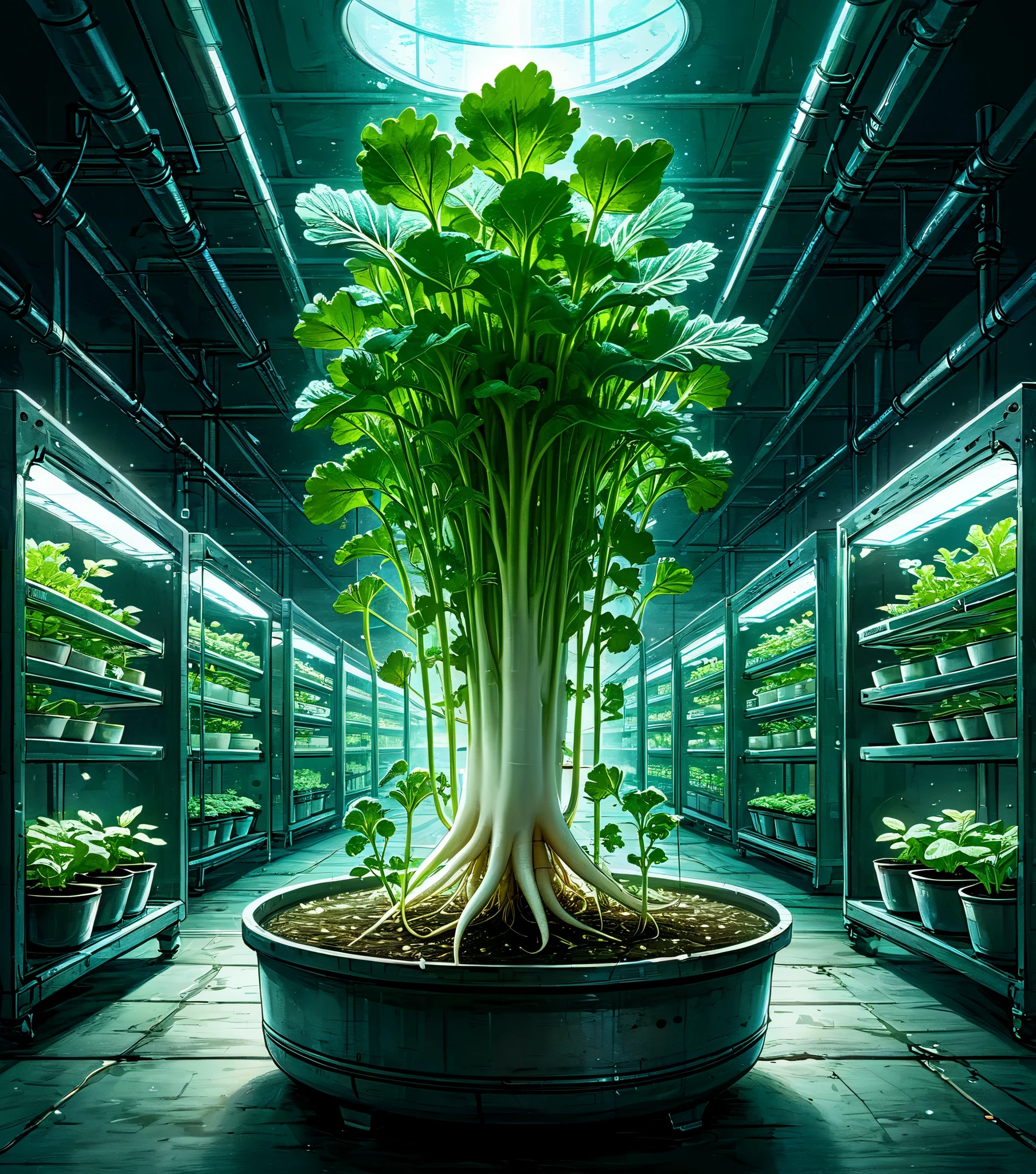 Illustration of the laboratory of the unknown, Daikon being hydroponically cultivated in a vast underground plant laboratory, Daikon growing in neatly arranged planters, dark fantasy, high contrast, sparkling, shining, elegant, (mysterious atmosphere), vivid contrast, precise details, high details, shining contours, precision, high quality oil painting, amazingly beautiful touch rendering,