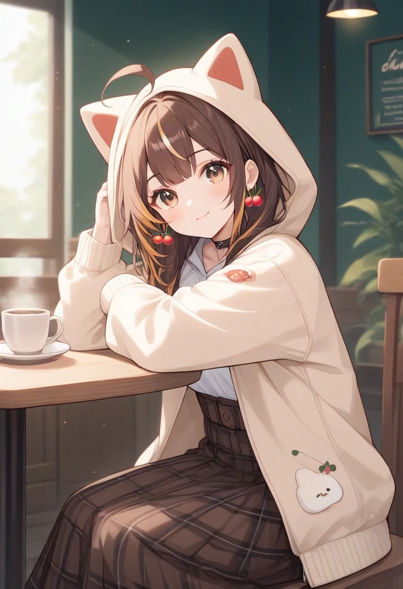 1girl, tail, cat tail, smile, cup, solo, holding, hood, socks, wooden floor, animal hood, sitting, long hair, mug, bangs, striped, animal, closed mouth, cat hood, cat, wariza, animal ears, hood up, on head, blush, long sleeves, looking at viewer, striped jacket, animal on head, cat ears, holding cup, indoors, twintails, yellow eyes, striped socks, cat girl, table, collarbone, no shoes, black hair, cat on head, shorts, low twintails, breasts, fake animal ears, jacket, hooded jacket, coffee mug, short shorts, blunt bangs, ((masterpiece)),(((best quality))), ((ultra-detailed)), ((illustration)), masterpiece, best quality, highres, {beautiful detailed eyes}, finely detail, beautiful detailed eyes, Smile