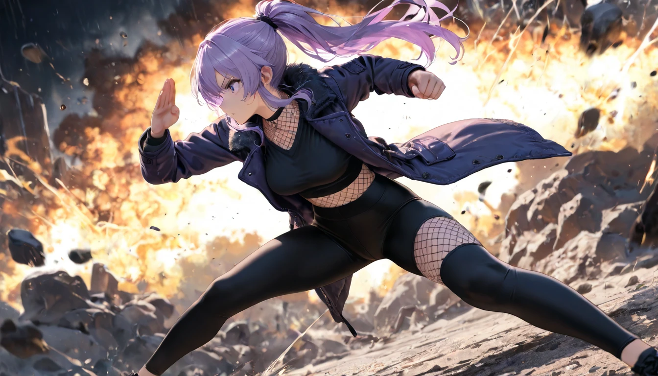 photorealistic, (4k), depth of field, (Masterpiece), (realistic skin texture), extremely detailed, intricate, hyper detailed, professional photography, bokeh, high resolution, sharp detail, best quality, woman, <lora:Shion-000004:0.7> , purple hair, ponytail, purple eyes, purple suit, purple pants, horn, battle stance, angry, open field, outdoors, grassland, trees,