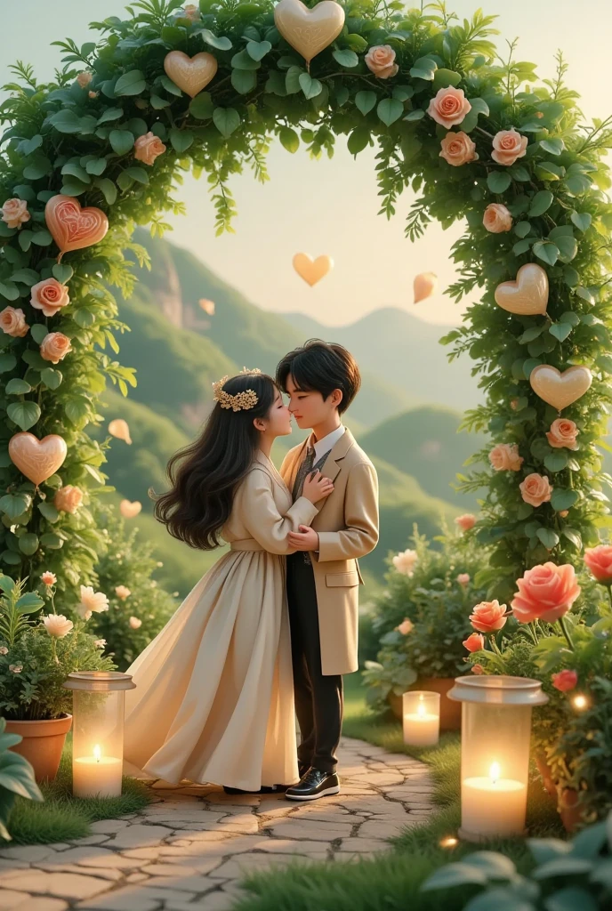In a captivating digital art masterpiece, a couple shares a romantic dance in the center of an enchanting garden on Valentine's Day. The scene is illuminated by floating candles and lanterns, casting a warm, soft glow. The intricate details of the garden, from the delicate petals of the flowers to the lush green foliage, are rendered in stunning 8K resolution. The couple, lost in their embrace, exudes a sense of deep love and connection. The atmosphere is filled with a magical and dreamy quality, enhanced by the gentle light and the serene beauty of the surroundings.