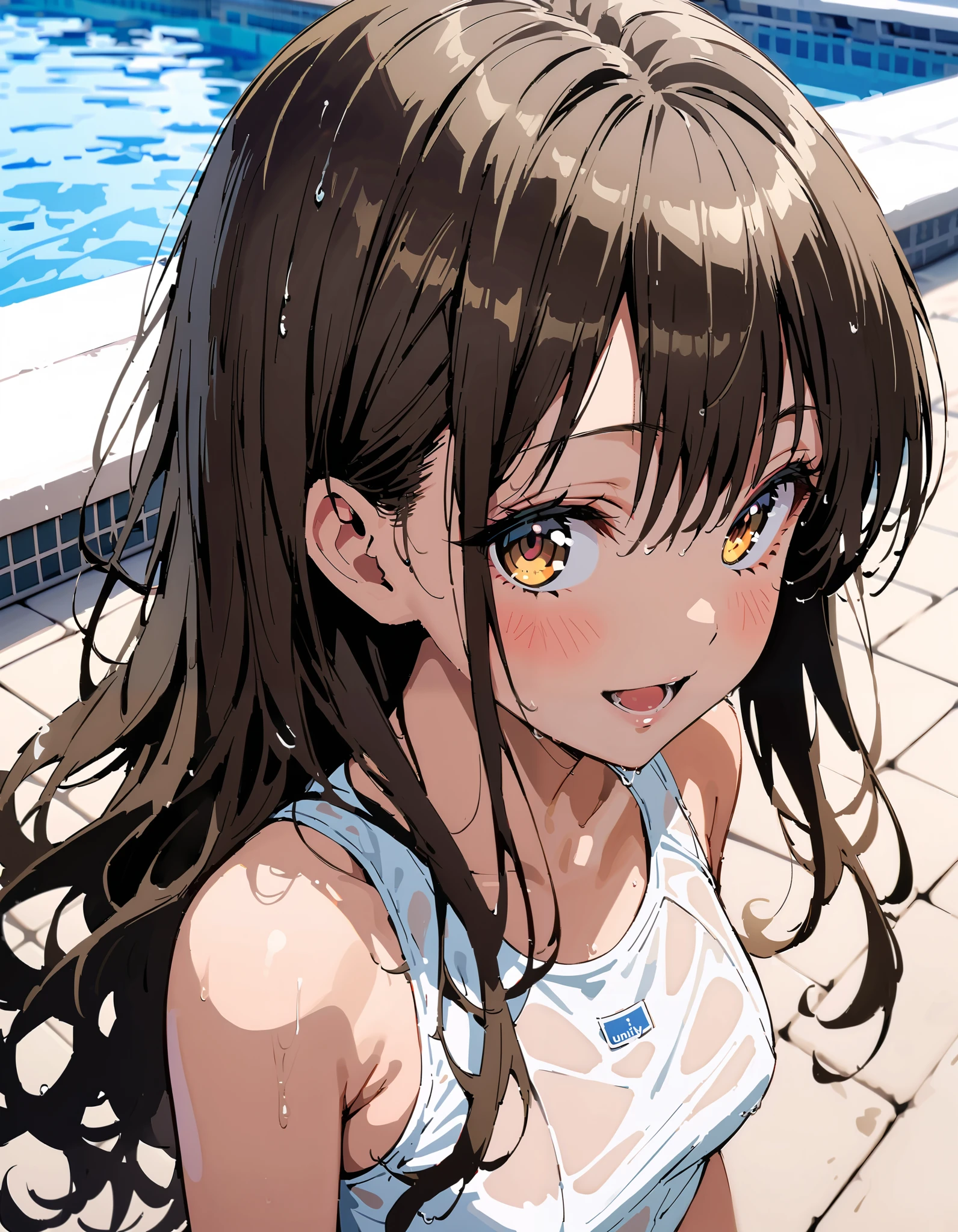 to follow, Yuki mandarin orange, brown eyes, brown hair, hair scrunchy, long hair, pink scrunchies, scrunchie , smile,blush, open your mouth, long hair, tan, school swimsuit,Bare legs, wet swimsuit , wet skin, wet hair, small tits, standing,whole bodyがイラストに入るように,
break outdoors, pool,
break looking at viewer,whole body,
break ( Masterpiece:1.2), top quality , kampala, Unity 8k Wallpaper,(shape:0.8),( fine, beautiful eyes :1.6),It's a person ,whole body写真,CG Details , ( perfect hands, Complete Anatomy),
