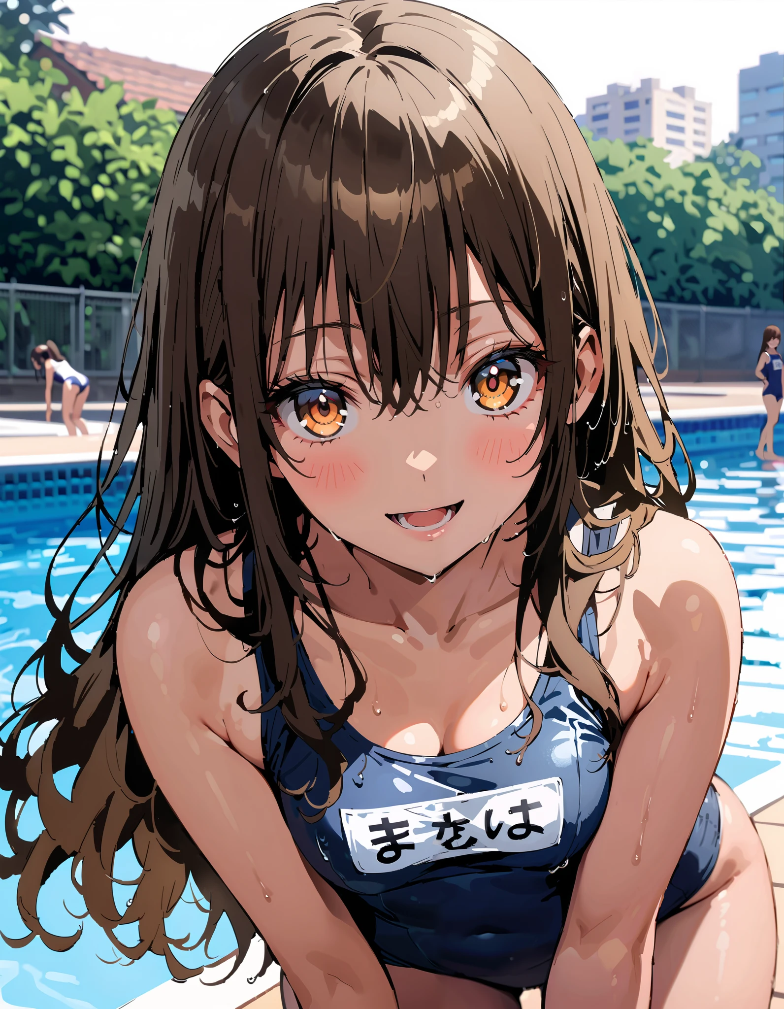 to follow, Yuki mandarin orange, brown eyes, brown hair, hair scrunchy, long hair, pink scrunchies, scrunchie , smile,blush, open your mouth, long hair, tan, school swimsuit,Bare legs, wet swimsuit , wet skin, wet hair, small tits, standing,whole bodyがイラストに入るように,
break outdoors, pool,
break looking at viewer,whole body,
break ( Masterpiece:1.2), top quality , kampala, Unity 8k Wallpaper,(shape:0.8),( fine, beautiful eyes :1.6),It's a person ,whole body写真,CG Details , ( perfect hands, Complete Anatomy),