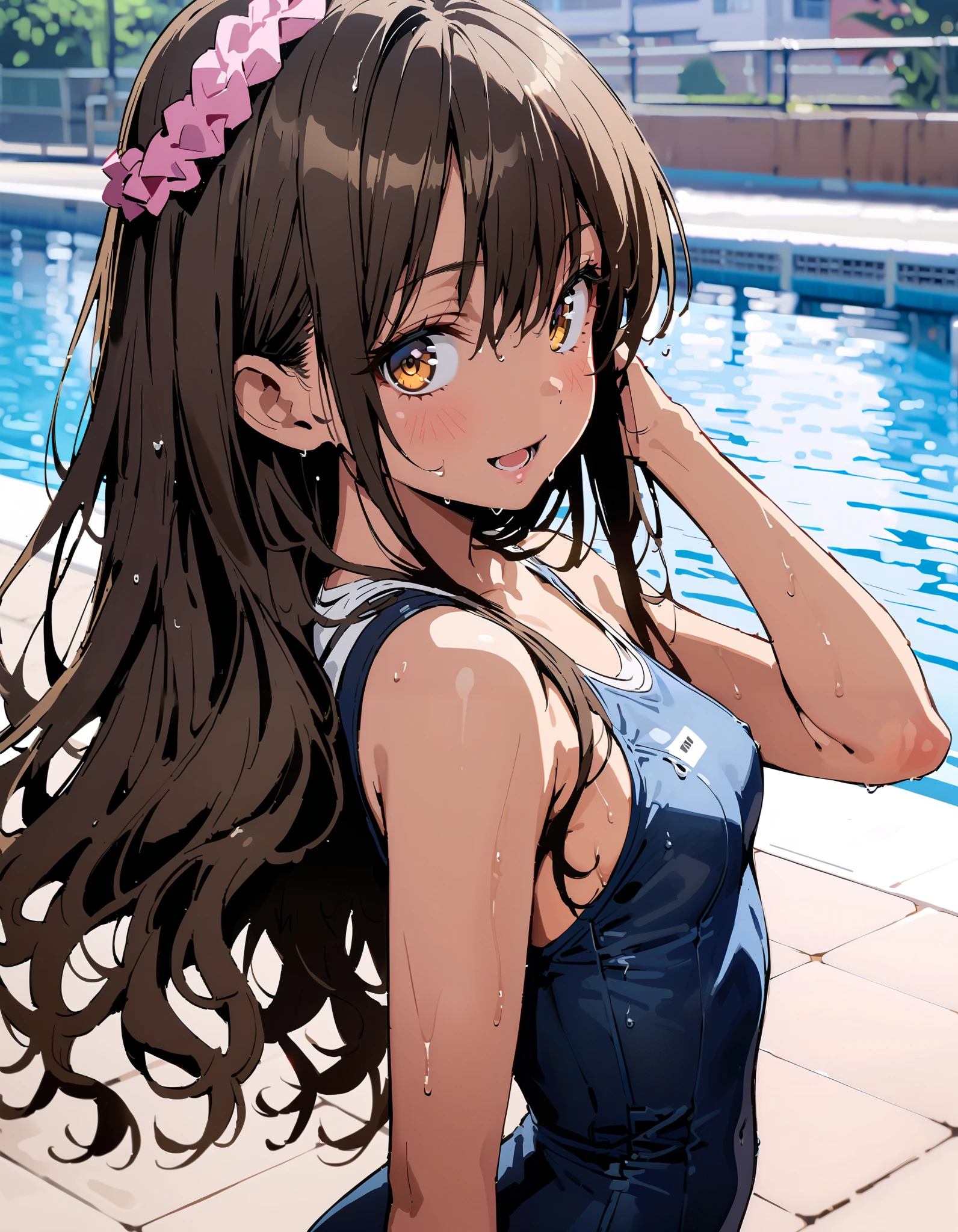 to follow, Yuki mandarin orange, brown eyes, brown hair, hair scrunchy, long hair, pink scrunchies, scrunchie , smile,blush, open your mouth, long hair, tan, school swimsuit,Bare legs, wet swimsuit , wet skin, wet hair, small tits, standing,whole bodyがイラストに入るように,
break outdoors, pool,
break looking at viewer,whole body,
break ( Masterpiece:1.2), top quality , kampala, Unity 8k Wallpaper,(shape:0.8),( fine, beautiful eyes :1.6),It's a person ,whole body写真,CG Details , ( perfect hands, Complete Anatomy),