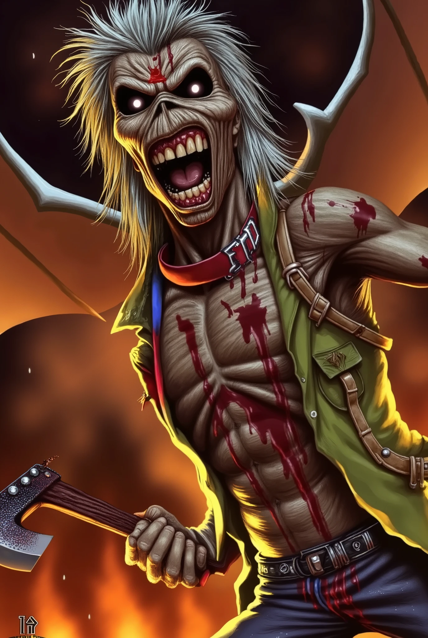a close up of a person holding a bloody ax in a kingdom night, 1 9 8 0's heavy metal album art, iron maiden, Eddie , iron maiden album cover, cheesy iron maiden motifs, metal album cover art, thrash metal, heavy metal artwork, maiden, heavy metal art style, hd wallpaper, butcher angry rotting zombie.