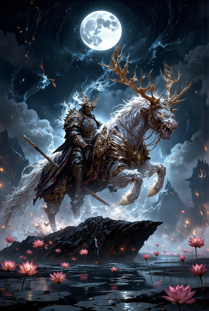 "Between the realms of the living and the dead lies the Twilight Monastery, a place where spirits pass to the afterlife, guided by the silent vigil of the Phantom Lotus Knight. Wrapped in robes of shimmering silver, reinforced by spectral samurai armor, he drifts through an endless field of floating lotus petals. His presence disturbs neither time nor space, his existence a mere ripple in the dreamlike reality that surrounds him. His katana, forged from crystallized moonlight, glows with the grace of countless lifetimes spent in service to the unseen. His mount—a ghostly kirin with antlers wreathed in soft golden flames—moves without sound across the mirrored surface of a midnight lake, reflecting an endless sky of swirling constellations. But the stillness shatters as ethereal oni warriors rise from the mist, vengeful spirits seeking passage into the world of the living. The knight draws his blade—his duty is clear."