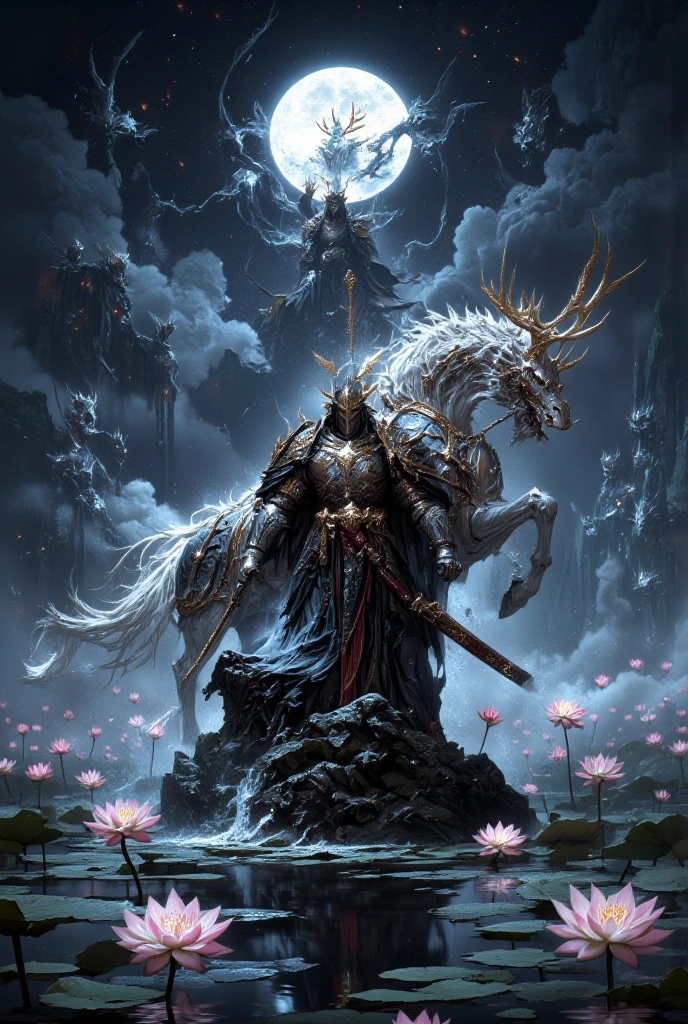 "Between the realms of the living and the dead lies the Twilight Monastery, a place where spirits pass to the afterlife, guided by the silent vigil of the Phantom Lotus Knight. Wrapped in robes of shimmering silver, reinforced by spectral samurai armor, he drifts through an endless field of floating lotus petals. His presence disturbs neither time nor space, his existence a mere ripple in the dreamlike reality that surrounds him. His katana, forged from crystallized moonlight, glows with the grace of countless lifetimes spent in service to the unseen. His mount—a ghostly kirin with antlers wreathed in soft golden flames—moves without sound across the mirrored surface of a midnight lake, reflecting an endless sky of swirling constellations. But the stillness shatters as ethereal oni warriors rise from the mist, vengeful spirits seeking passage into the world of the living. The knight draws his blade—his duty is clear."