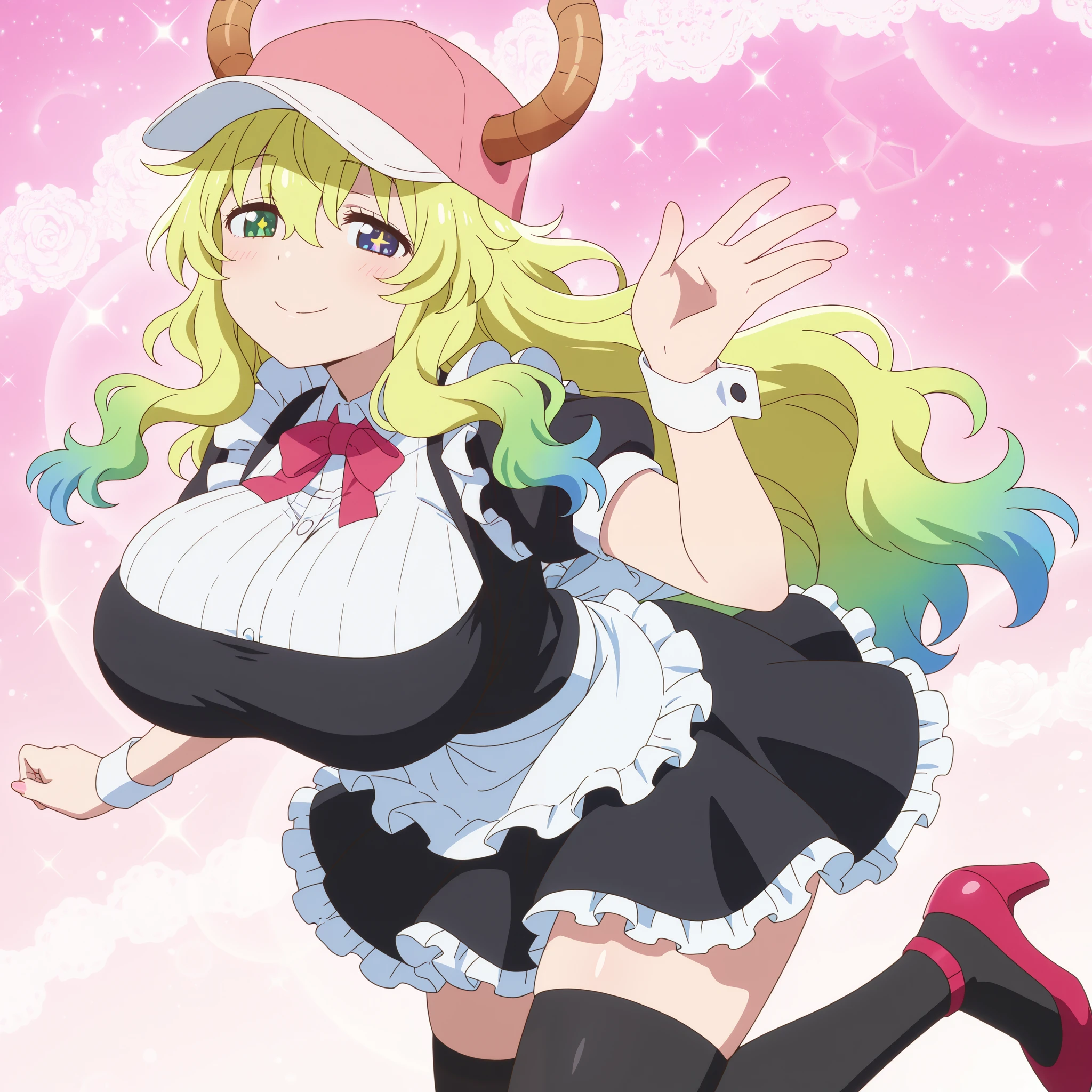 masterpiece, best quality, amazing quality, anime screencap. BREAK. quetzalcoatl_(kobayashi-san_chi_no_maid_dragon), lucoa, 1girl, blonde_hair, blue_hair, gradient_hair, green_hair, hair_between_eyes, multicolored_hair, horns, horns_through_headwear, huge_breasts, baseball_cap, cap, hat, pink_hat, green_eyes, purple_eyes, yellow_pupils, heterochromia, maid_uniform, apron, long_dress, frills, bowtie, thighhighs, high_heels, smiling, playful_expression, dragon_girl, fantasy, detailed_eyes, detailed_hair, shiny_hair, shiny_eyes, detailed_clothing, high_quality, vibrant_colors, dynamic_pose, looking_at_viewer
