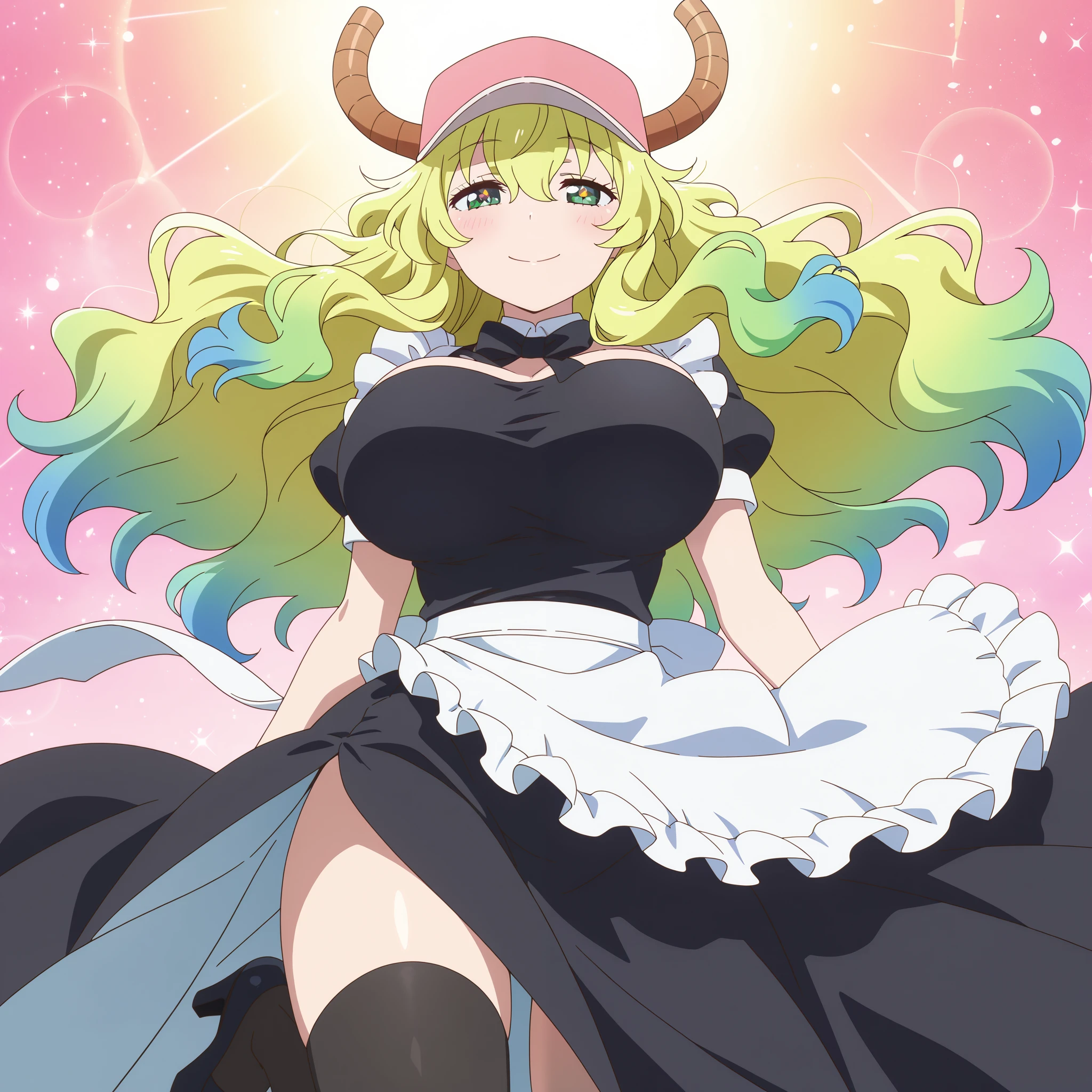 masterpiece, best quality, amazing quality, anime screencap. BREAK. quetzalcoatl_(kobayashi-san_chi_no_maid_dragon), lucoa, 1girl, blonde_hair, blue_hair, gradient_hair, green_hair, hair_between_eyes, multicolored_hair, horns, horns_through_headwear, huge_breasts, baseball_cap, cap, hat, pink_hat, green_eyes, purple_eyes, yellow_pupils, heterochromia, maid_uniform, apron, long_dress, frills, bowtie, thighhighs, high_heels, smiling, playful_expression, dragon_girl, fantasy, detailed_eyes, detailed_hair, shiny_hair, shiny_eyes, detailed_clothing, high_quality, vibrant_colors, dynamic_pose, looking_at_viewer