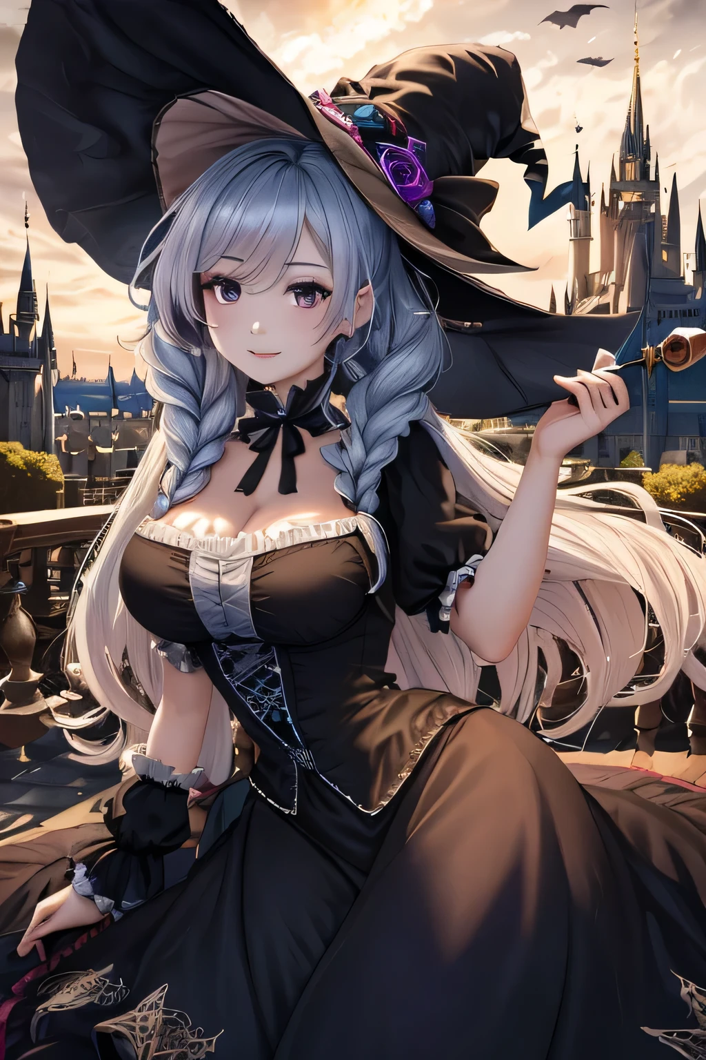 ((best quality)), ((highly detailed)), masterpiece, (detailed eyes, deep eyes), (1girl), glasses, cowboy shot, <lora:hairdetailer:.9>, <lora:Chompette:.8>, chompette, personification, long hair, hair between eyes, black hair, ((grey eyes)), large breasts, <lora:Better Sharp Teeth 3:1>, sharp teeth, grin, open mouth, crown, earrings, (metal collar, shackles, cuffs, chains), broken chain, cleavage, collarbone, black dress, jagged trim, corset, short sleeves, short puffy sleeves, black elbow gloves, ((torn clothes)), scenery, (at a dark ice cavern, stalagmite, stalactites, midnight, night sky, stars, crescent moon)