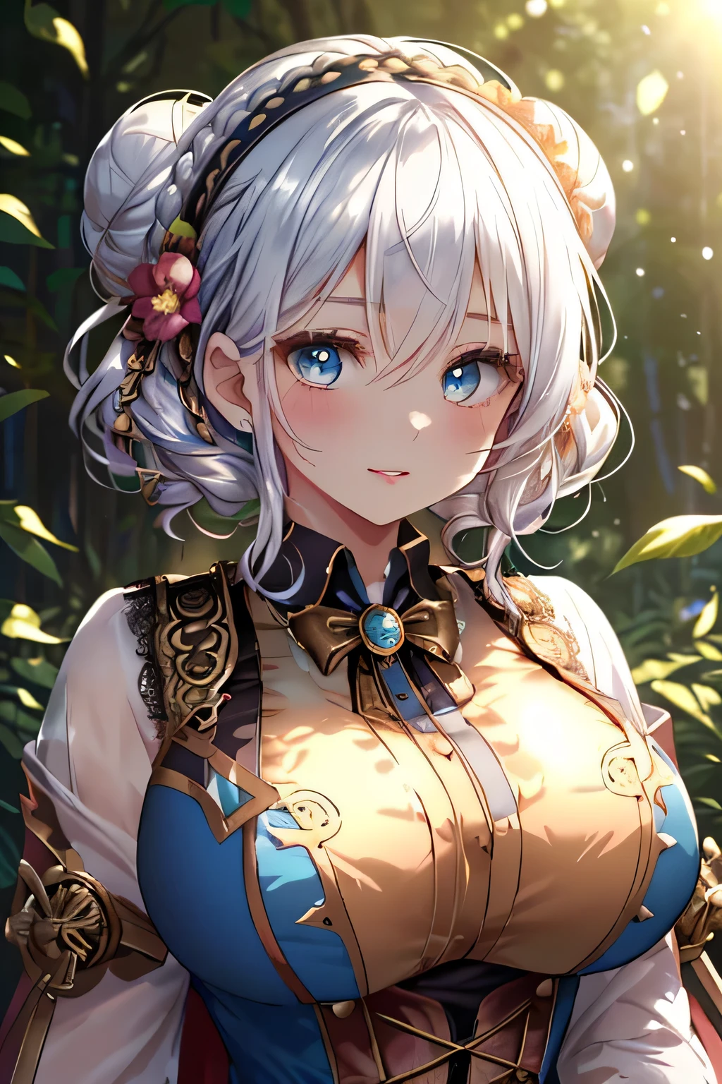 masterpiece, best quality, ultra detailed, illustration, 1 girl, brown skin, grey hair, pixie cut, curly hair, large breast, brown eyes, beautiful detailed eyes, delicate beautiful face, hunter costume, vulgarity, outdoors, arms behind head, forest