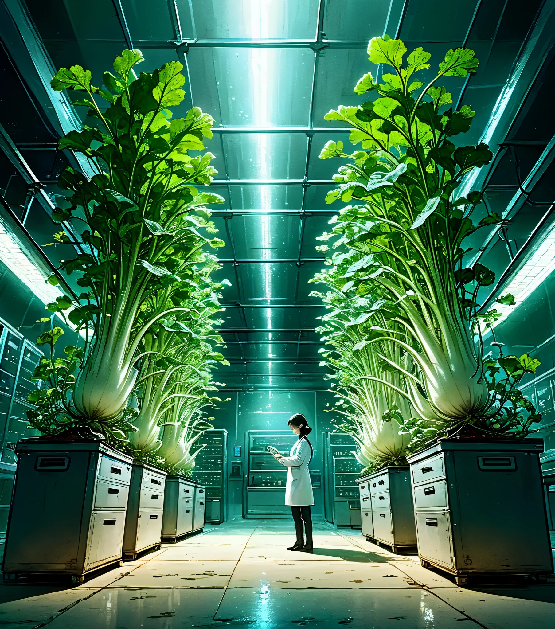 Illustration of the laboratory of the unknown, Daikon being hydroponically cultivated in a vast underground plant laboratory, Daikon growing in neatly arranged planters, dark fantasy, high contrast, sparkling, shining, elegant, (mysterious atmosphere), vivid contrast, precise details, high details, shining contours, precision, high quality oil painting, amazingly beautiful touch rendering,