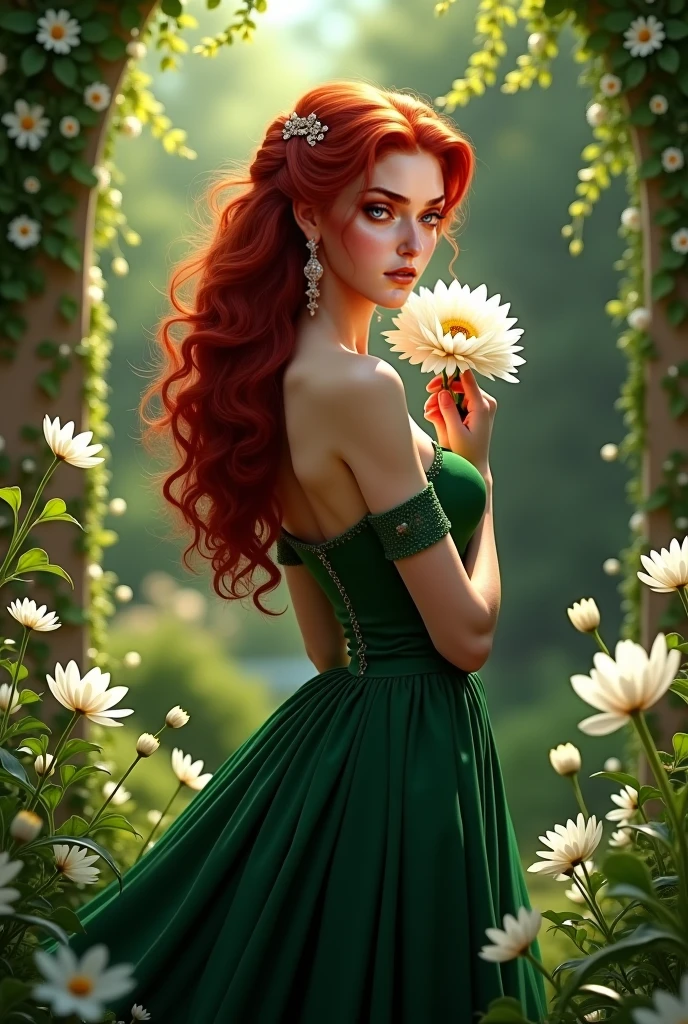 adult, beautiful, redhead, side part hairstyle, dark green eyes, pink dress, sorcerer, big , charmed face, fantasy, magical, perfect body shape, red lips, flowers background, green spring, blue rever