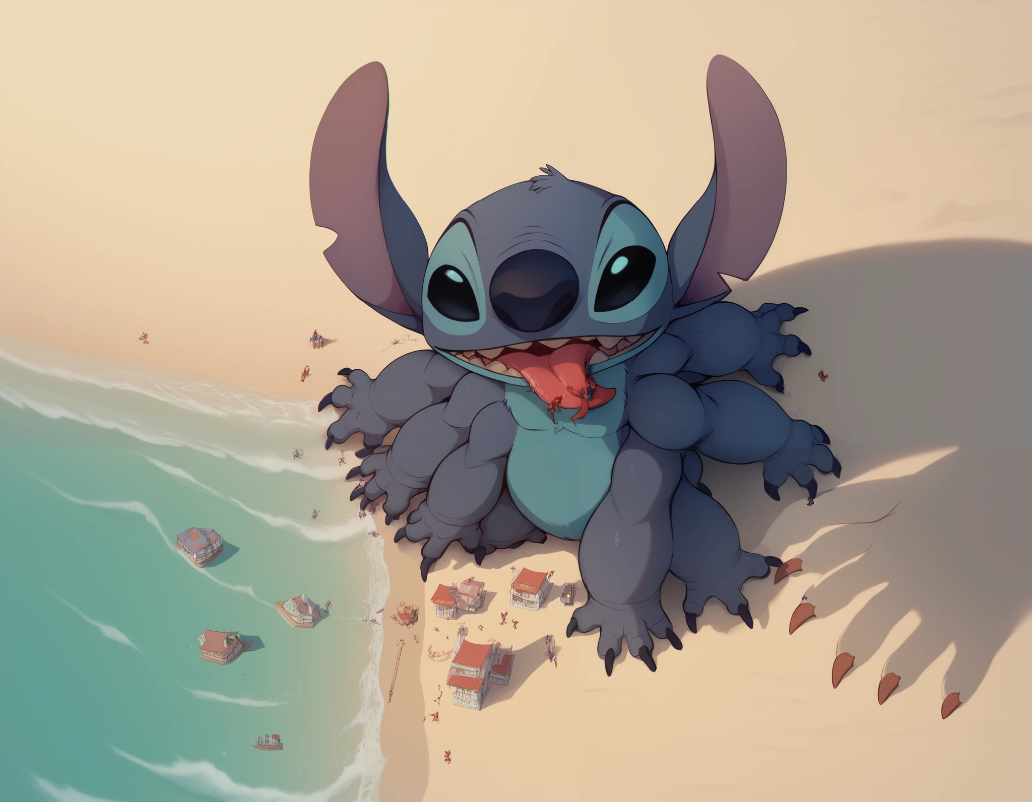 score_9, score_8_above, score_8, 1 , stitch , black eyes, macro, walking, multiple arms, 6 arms, hands on thighs, ant View, on a beach, THICK arms, grabing a person AND licking him,