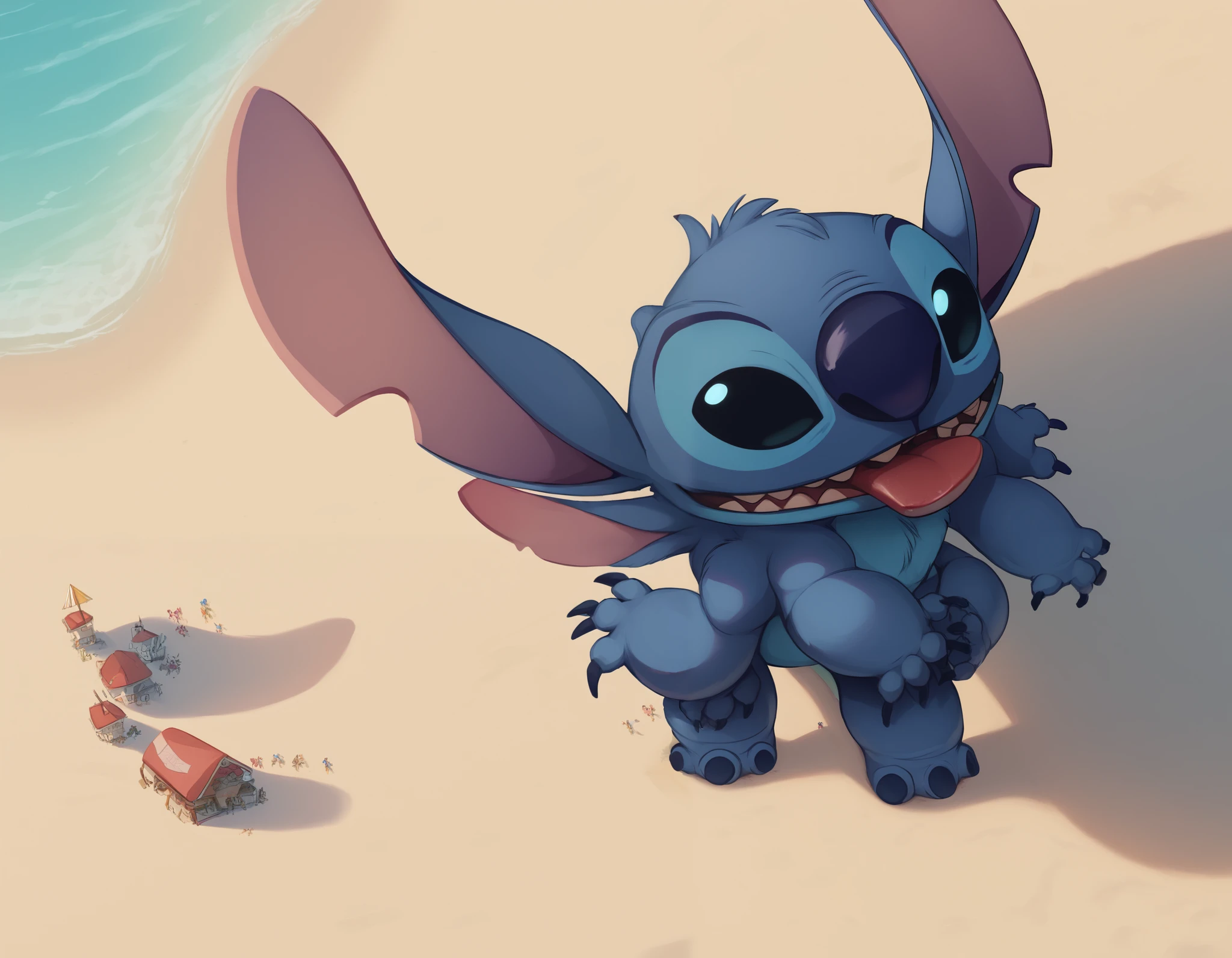  score_9,  score_8_above,  score_8, 1 , stitch ,  black eyes, macro, walking, multiple arms, 4 arms, hands on thighs, ant View, on a beach, THICK arms, grabing a person AND licking him, stitch with a long AND thick spyro's tail, View from ground (ant View), spectator looking to stitch from a low angel.