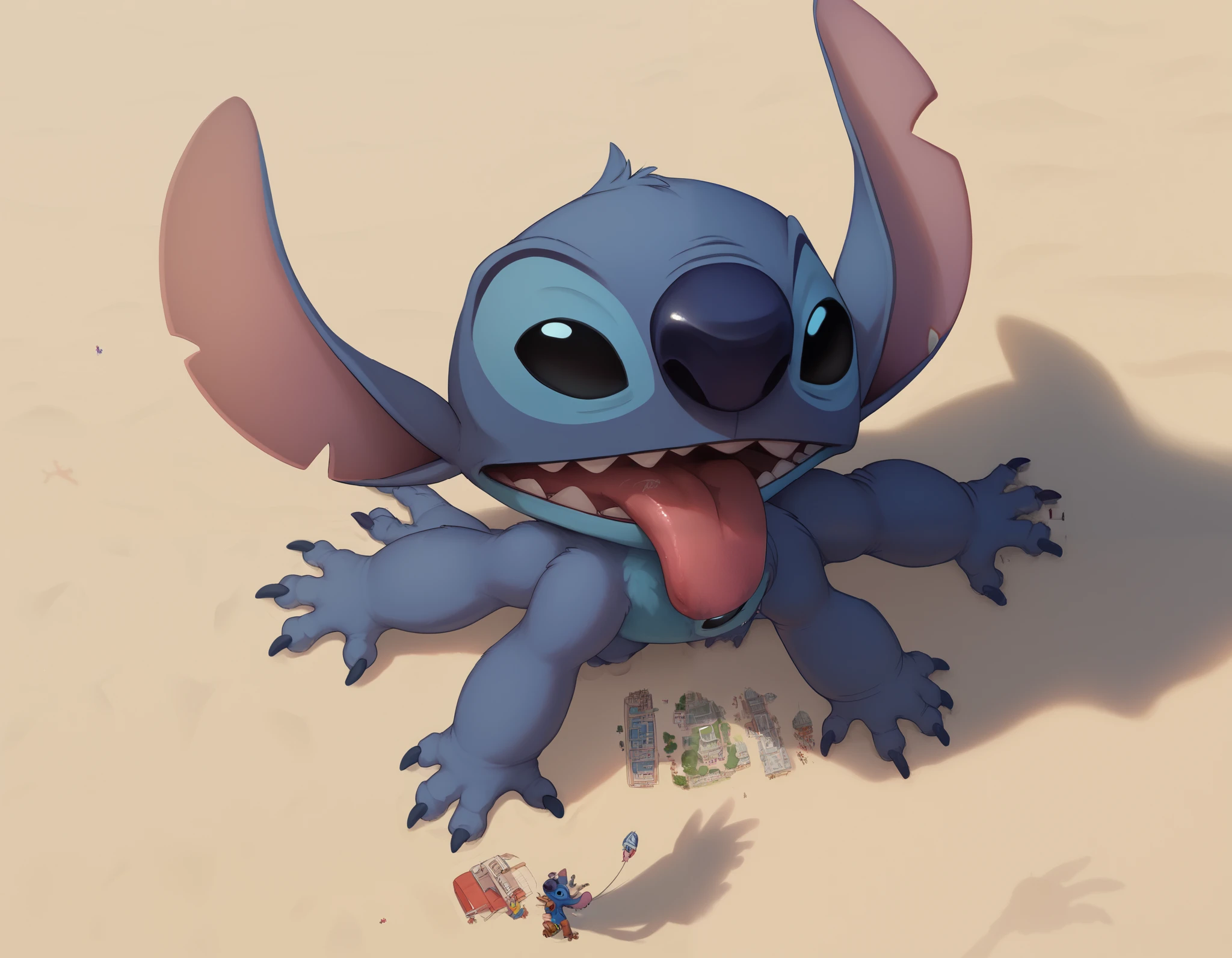 score_9, score_8_above, score_8, 1 , stitch , black eyes, macro, walking, multiple arms, 4 arms, hands on thighs, ant View, on a beach, THICK arms, grabing a person AND licking him, stitch with a long AND thick spyro's tail, View from ground (ant View), spectator looking to stitch from a low angel.