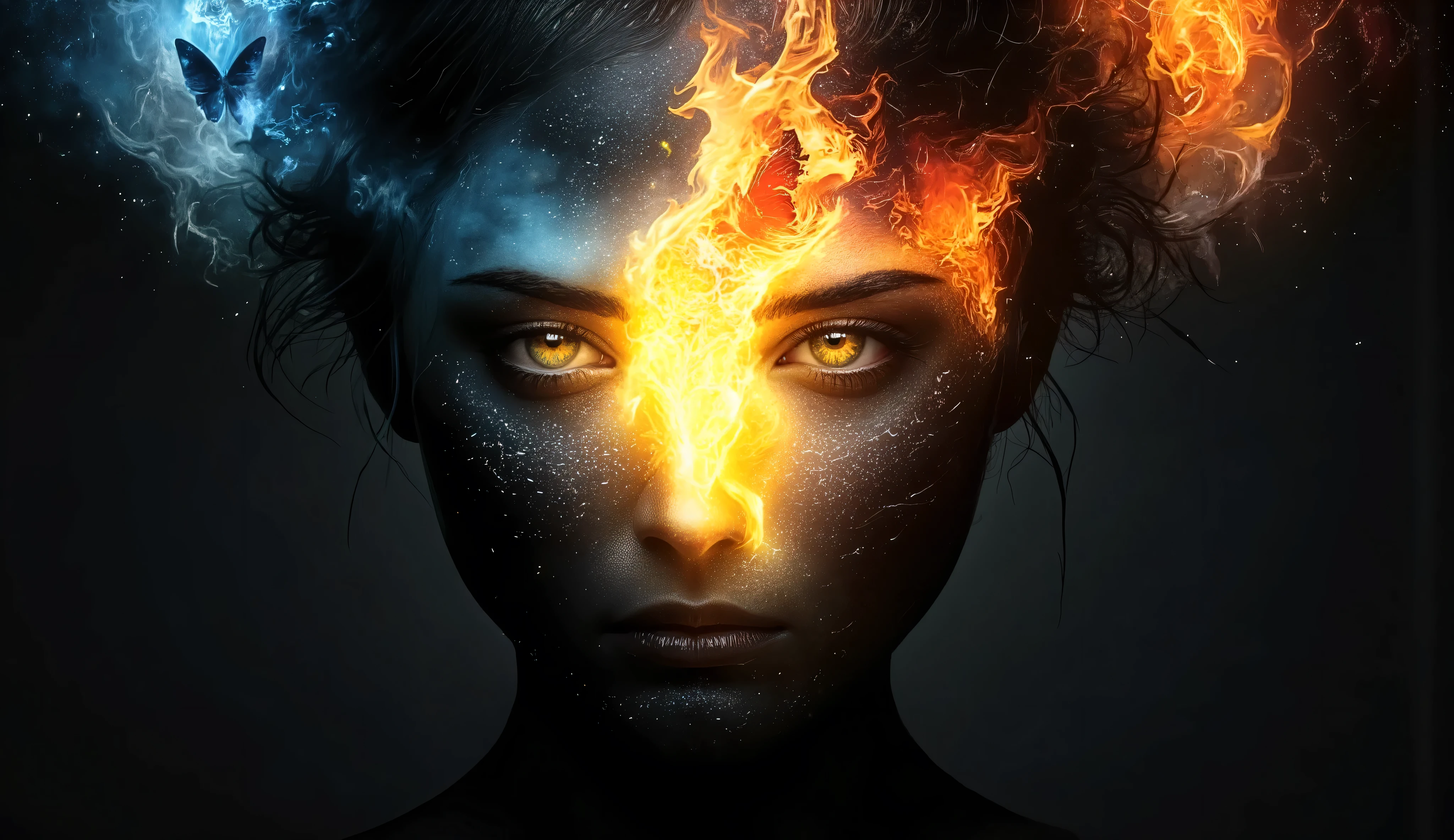 A serene, yet captivating digital artwork, blending the paradoxical harmony of chaos and order, reminiscent of the surrealist masterpieces of Salvador Dali, H.R. Giger, and Zdzisław Beksiński. A luminous, otherworldly female figure, draped in a flowing, diaphanous gown with an intricate, black and acqua pattern, adorned with mesmerizing zentangle doodles, stands poised at the center, radiating an aura of balance amidst the turmoil. Her delicate form is bathed in a soft, ethereal glow, as if illuminated by the gentle light of a thousand celestial bodies. The backdrop features a breathtaking, swirling vortex, evoking the melting, dreamlike quality of oil on canvas, with bold, vibrant brushstrokes and a predominantly matte finish, inviting the viewer to step into the realm of the surreal.