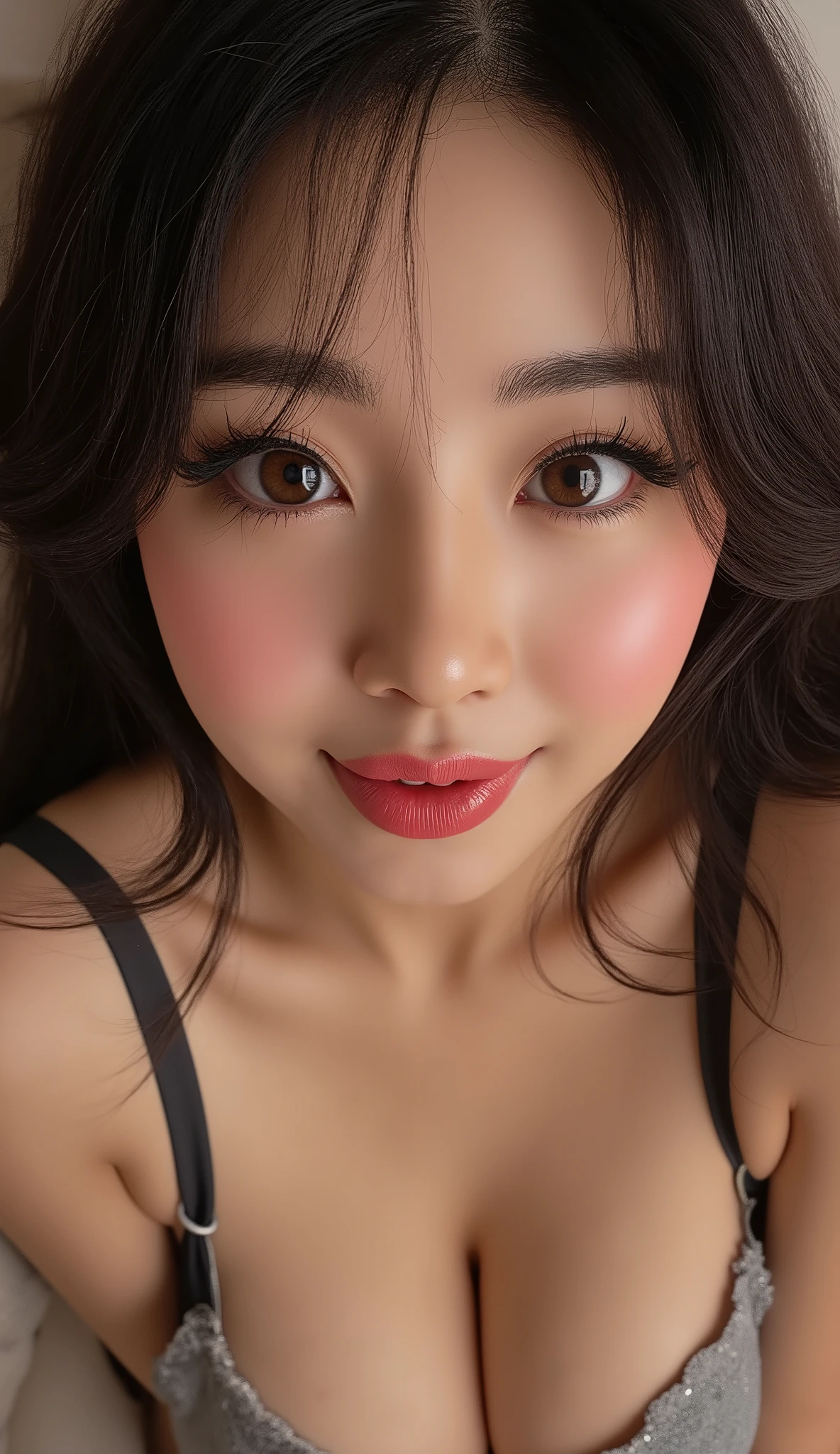 ((Best Quality, 8K, Masterpiece: 1.3)), beautiful Asian Korean e-girl streamer makeup, push-up tank top that emphasize perfect big cleavage, presenting their cleavage close to you, amazing breast enhancement, hard blush make up: 1.5, perfect long strong winged eyeliner, perfectly smoky eye shadow, perfect soft cleavage, round tongue out, perfect, chubby chin, , beautiful eyes detail, upper body composition, perfect full red lips, lively face, lustful look, perfect squeezed cleavage line, rounded cleavage line, feeling exceptionally seduced, perfection, perfect mascara, skin detail, she absolutely fucking loves showing her cleavage to you, refined eyelashes, refined eyeliner, perfect composition, looking at you from below, white highlight in eyes, begging, she's like "mhm you like my amazing breasts?”, extremely teasing, perfect soft natural like breast that gives a clear perfect soft cleavage, long eye lashes: 1.3, beautifully and perfect eye, beautiful, brown eyes, thick eye brows, smiling teasingly, ponytail