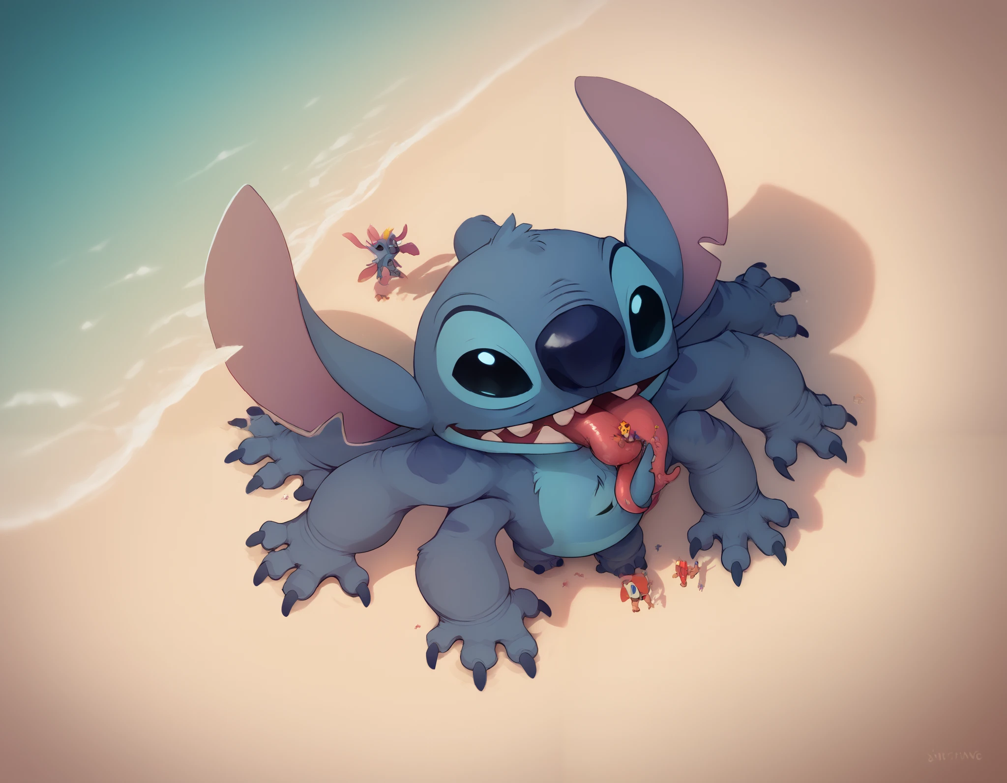 score_9, score_8_above, score_8, 1 , stitch , black eyes, macro, walking, multiple arms, 4 arms, hands on thighs, ant View, on a beach, THICK arms, grabing a person AND licking him, stitch with a long AND thick spyro's tail, View from ground (ant View), spectator looking to stitch from a low angel, tentacles legs, THICK tentacles