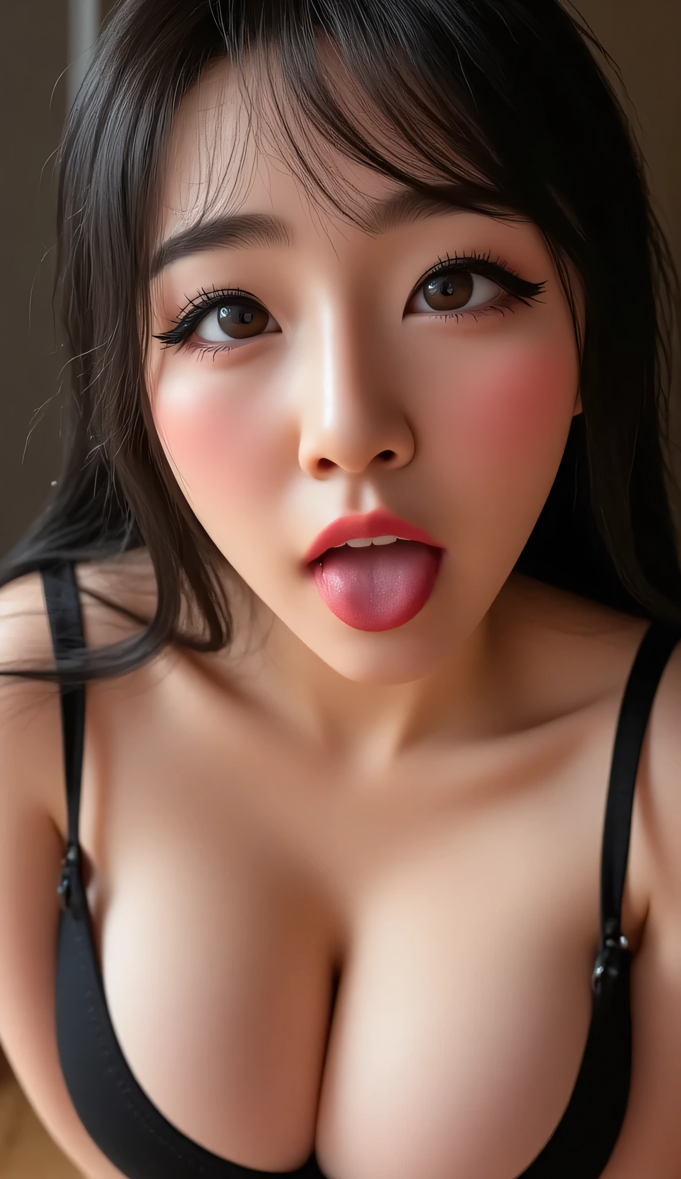 ((Best Quality, 8K, Masterpiece: 1.3)), beautiful Asian Korean e-girl streamer makeup, push-up tank top that emphasize perfect big cleavage, presenting their cleavage close to you, amazing breast enhancement, hard blush make up: 1.5, perfect long strong winged eyeliner, perfectly smoky eye shadow, perfect soft cleavage, round tongue out, perfect, chubby chin, , beautiful eyes detail, upper body composition, perfect full red lips, lively face, lustful look, perfect squeezed cleavage line, rounded cleavage line, feeling exceptionally seduced, perfection, perfect mascara, skin detail, she absolutely fucking loves showing her cleavage to you, refined eyelashes, refined eyeliner, perfect composition, looking at you from below, white highlight in eyes, begging, she's like "mhm you like my amazing breasts?”, extremely teasing, perfect soft natural like breast that gives a clear perfect soft cleavage, long eye lashes: 1.3, beautifully and perfect eye, beautiful, brown eyes, thick eye brows, jaw drop, ponytail, "cum all over my face please", thick spill on breasts