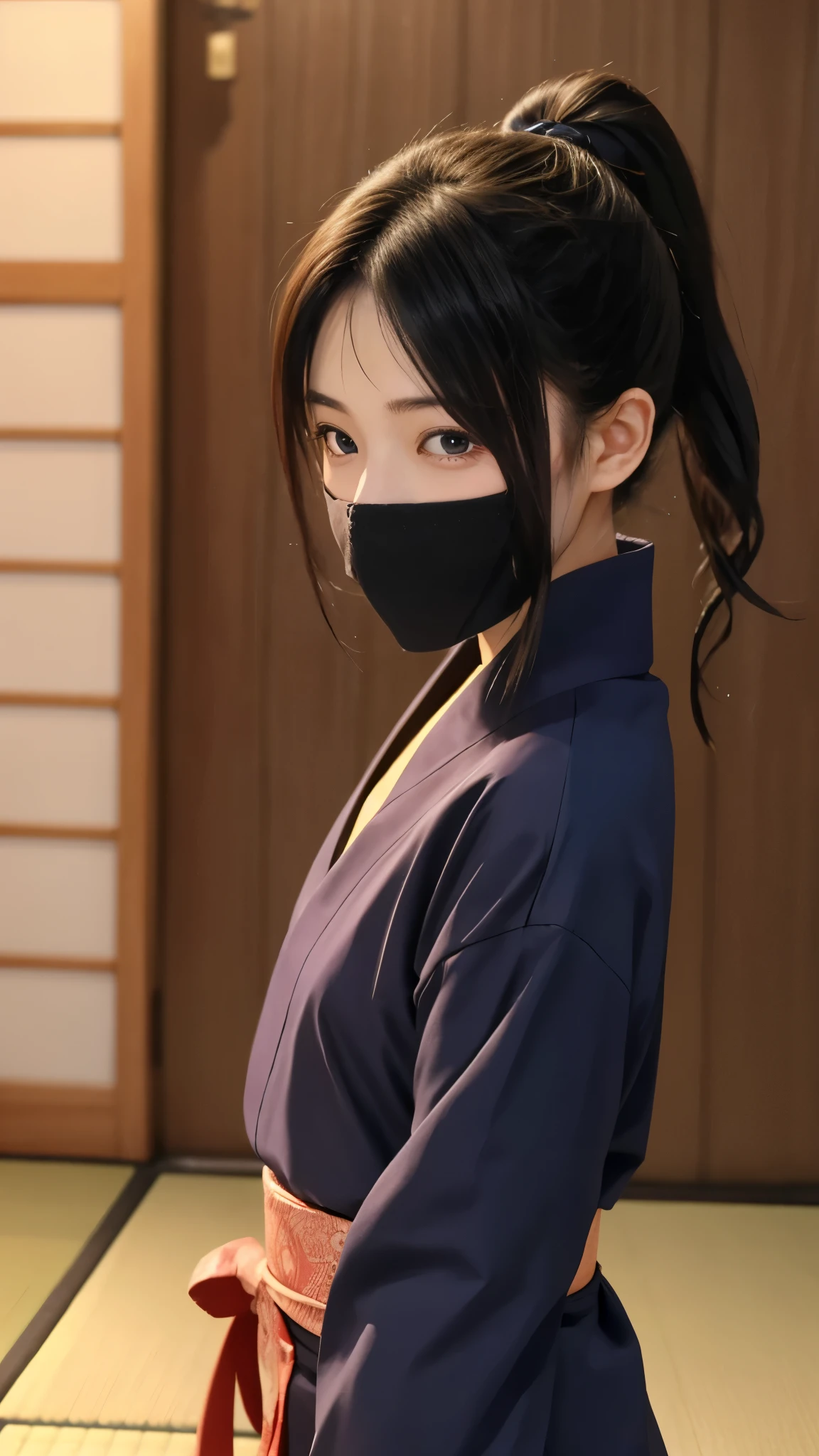 Beautiful Japanese Ninja Girl 、Mid-s、Cute Japanese Idol、do not' Doesn't Look Korean 、There are no Korean characteristics 、Unlike the Chinese、 No Chinese character 、 Live Action 、 film art style, Cinematic Light , Lomography 、 short wolf cut hair 、 Athletes、I'm training and I'Meter thin、 sexy smile、( very big breasts、 saggy breasts)、nsfw、Immerse yourself in a world of lust and lasciviousness、 Very Tight Tiny Tube Tops 、 sexy model pose with legs spread out、 female ninja in quest、Japanese Naginata、autumn leaves、Ninja costumes 、Protected by scaly metal strips 。、 Assassin、( detailed hands:1.3, perfect right hand:1.2), ( stare at the viewer)、